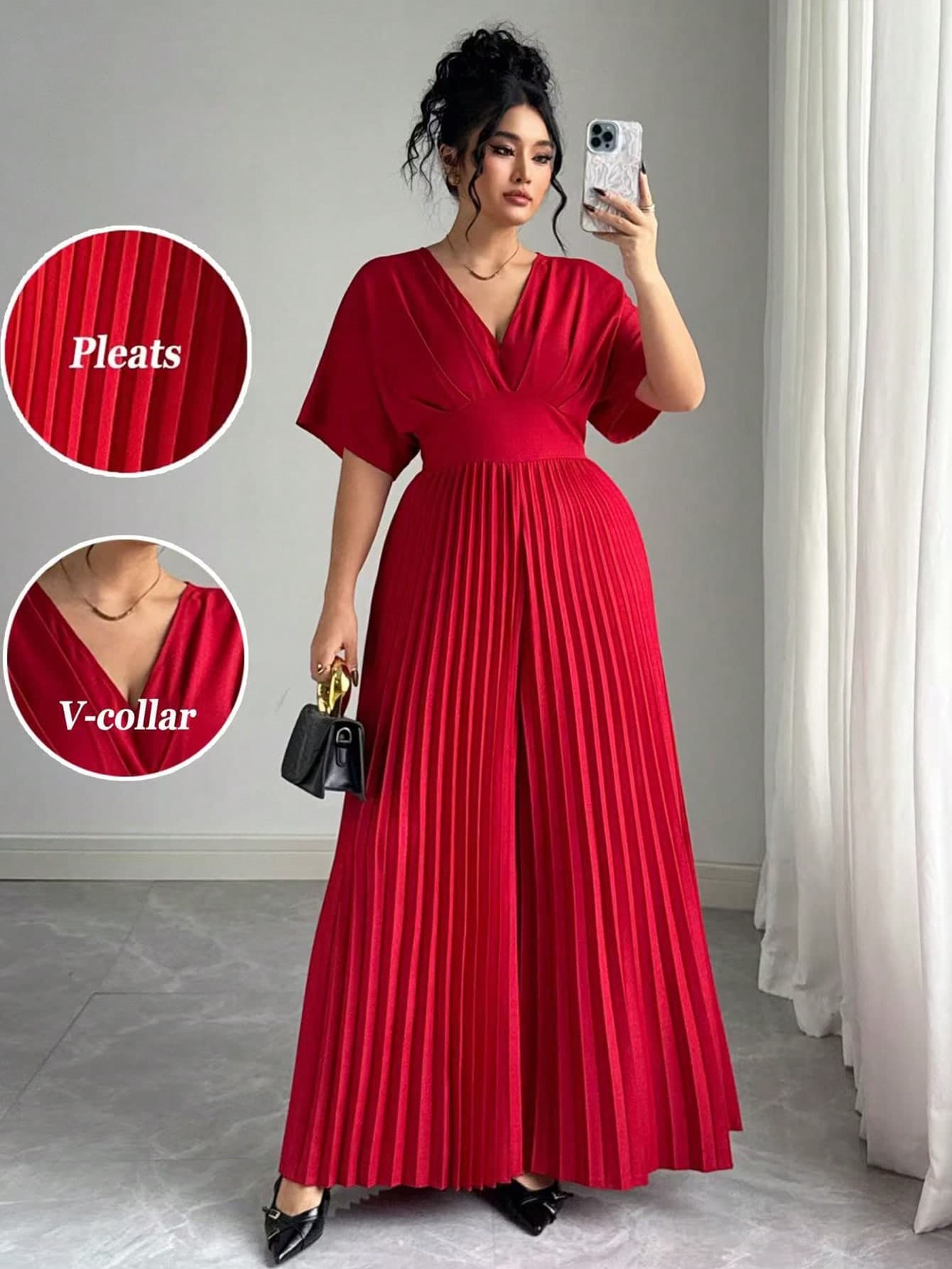 Elenzga Plus Size Women Elegant Red Satin Jumpsuit,Summer V-Neck Pleated Design Ruched Waist Solid Woven Jumpsuit For Party,Wedding Guest,New Year Outfit