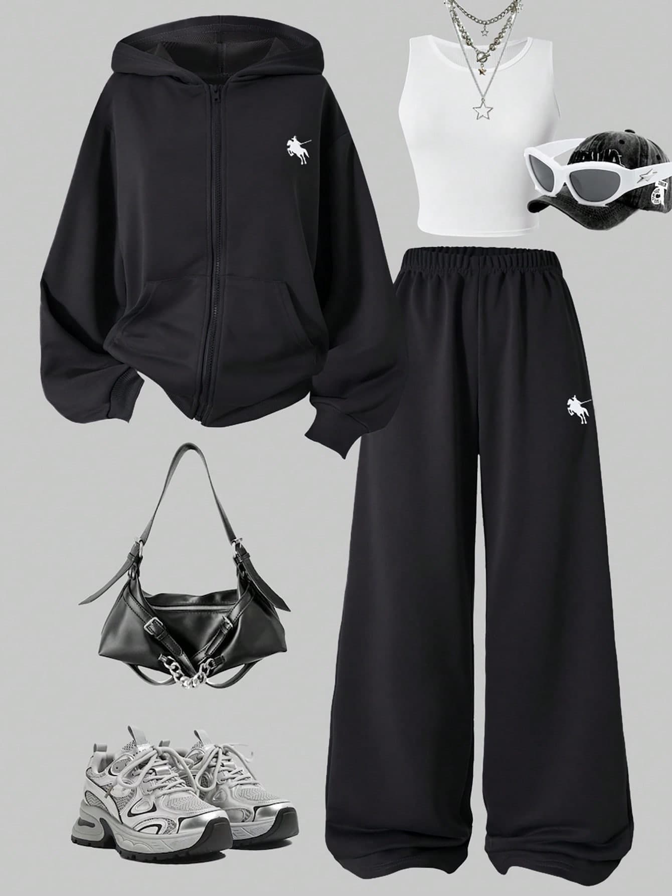 Sparklyn 3pcs/Set Teen GirlCasual Outfit, Including Hooded Zip-Up Sweatshirt With Horse Print, White Tank Top, And Elastic Waist Straight Leg Pants, Autumn