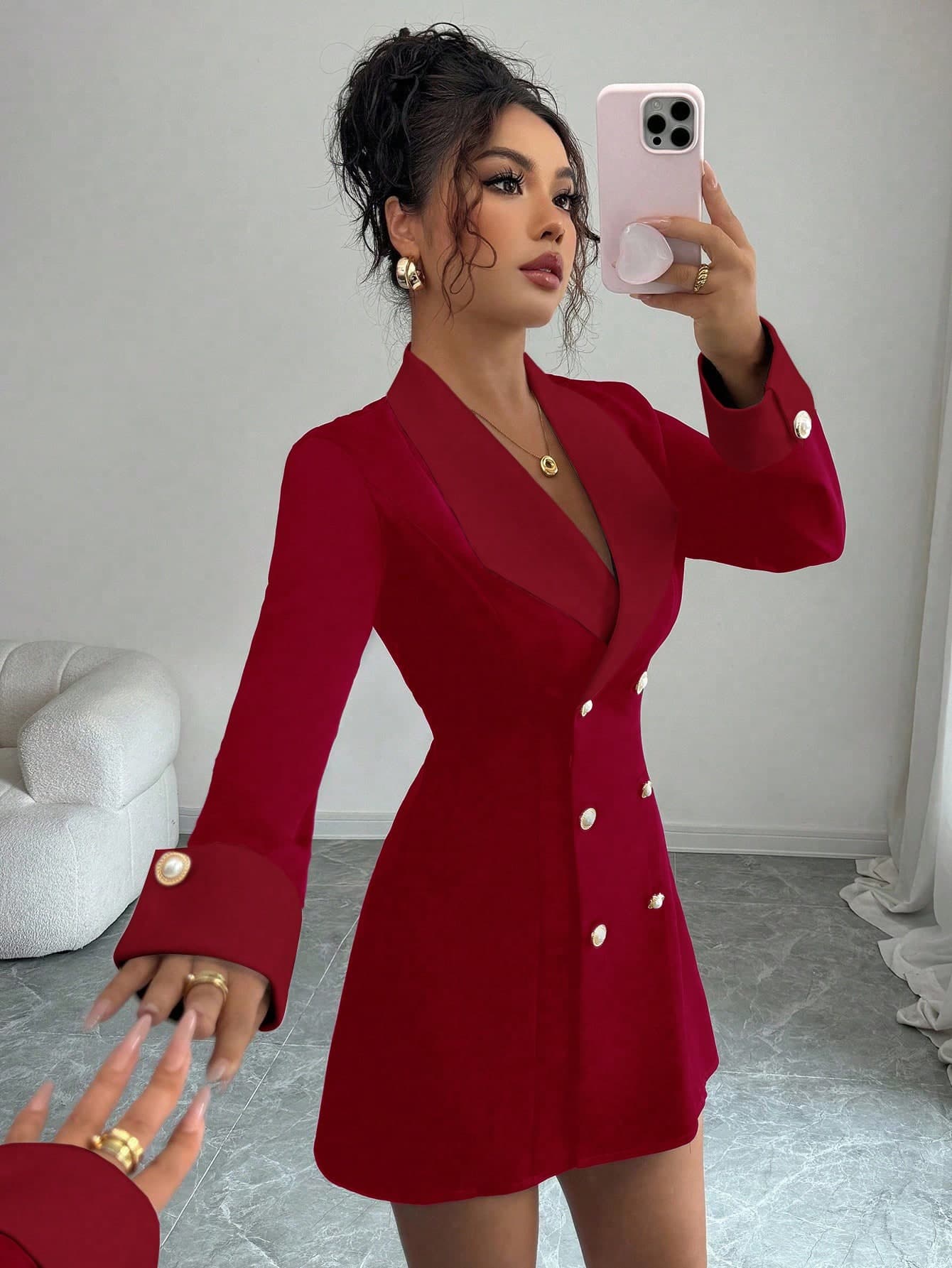 Elenzga Elegant Dark Red Autumn Party Blazer Dress Women,Double-Breasted Long Sleeve Open Front Minimalist High-End Suit Christmas New Year Dress