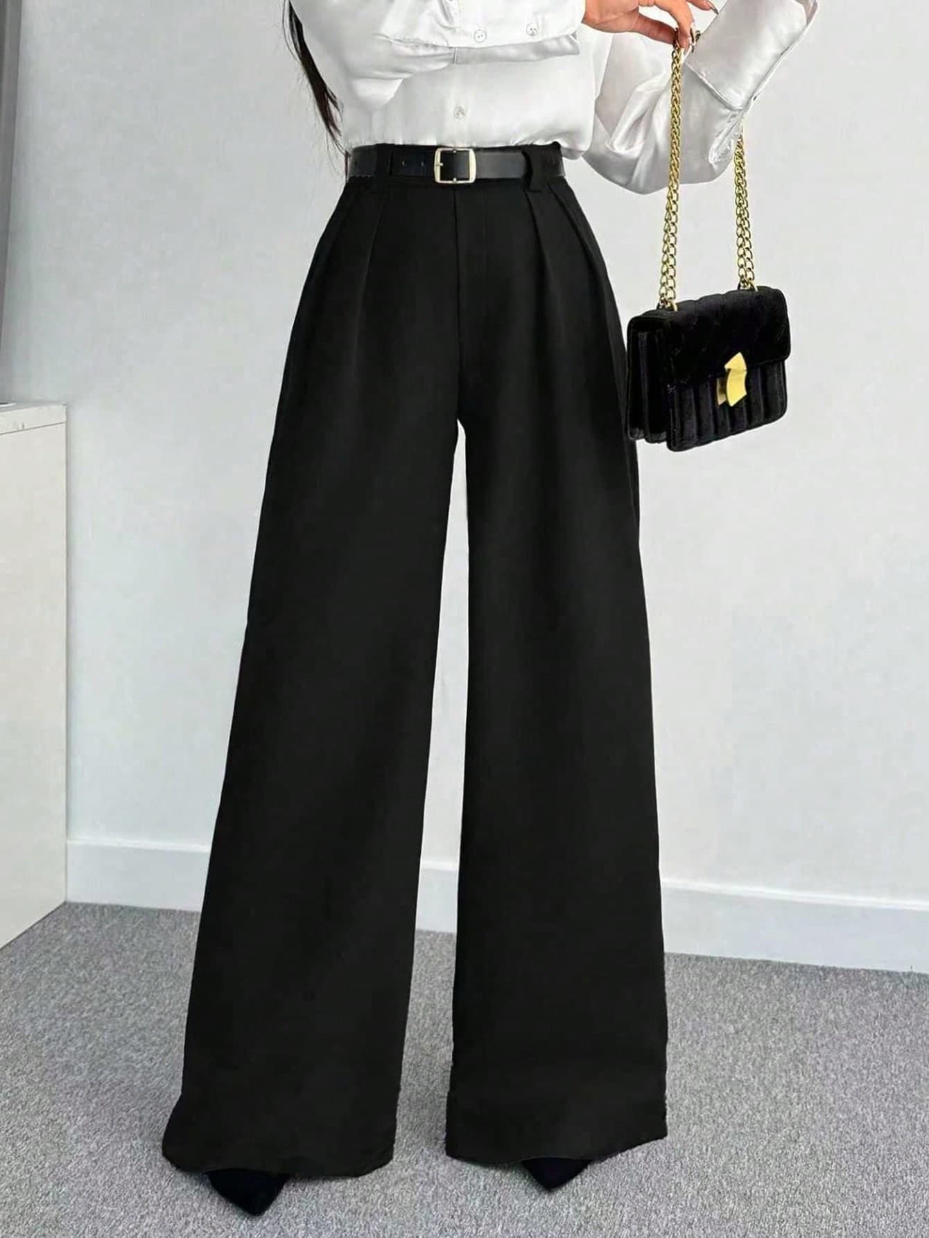 ZIRRA Casual Chic Women's Black Pleated High Waisted Wide Leg Pants Flowy Office Trousers For Everyday Wear