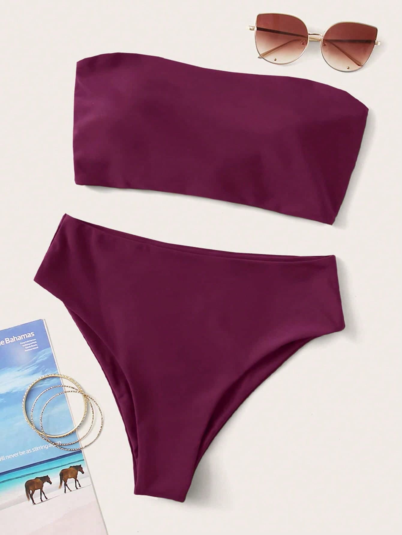 SHEIN Swim 2026 Special Fabric Spring/Summer Women's Halter Backless Tie Fuchsia Side High Cut 2 Pieces Bikini Swimsuit