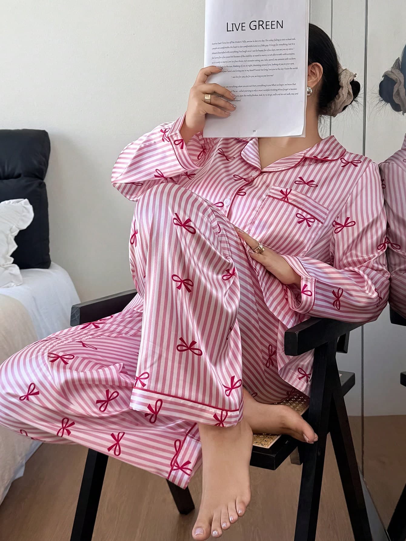 Napfluff CURVE Napfluff CURVE Plus Size Women Bowknot Striped Faux Silk Lapel Top & Pants Pajama Set, Winter Clothes