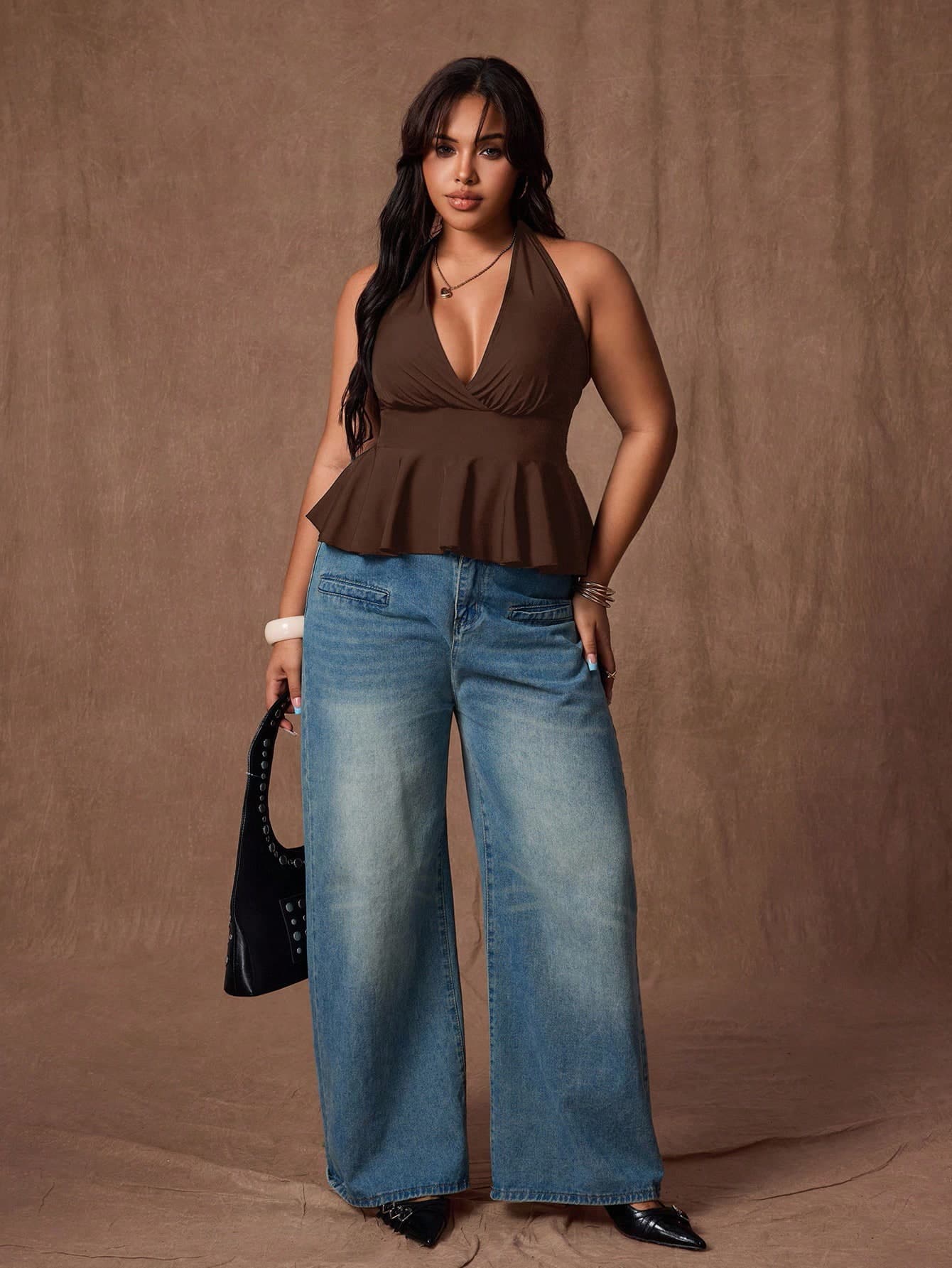 Rustia Plus Size Women Wide Strap Halter Neck Ruffle Hem Cinched Waist Casual Tank Top, Suitable For Work And Daily Wear Casual