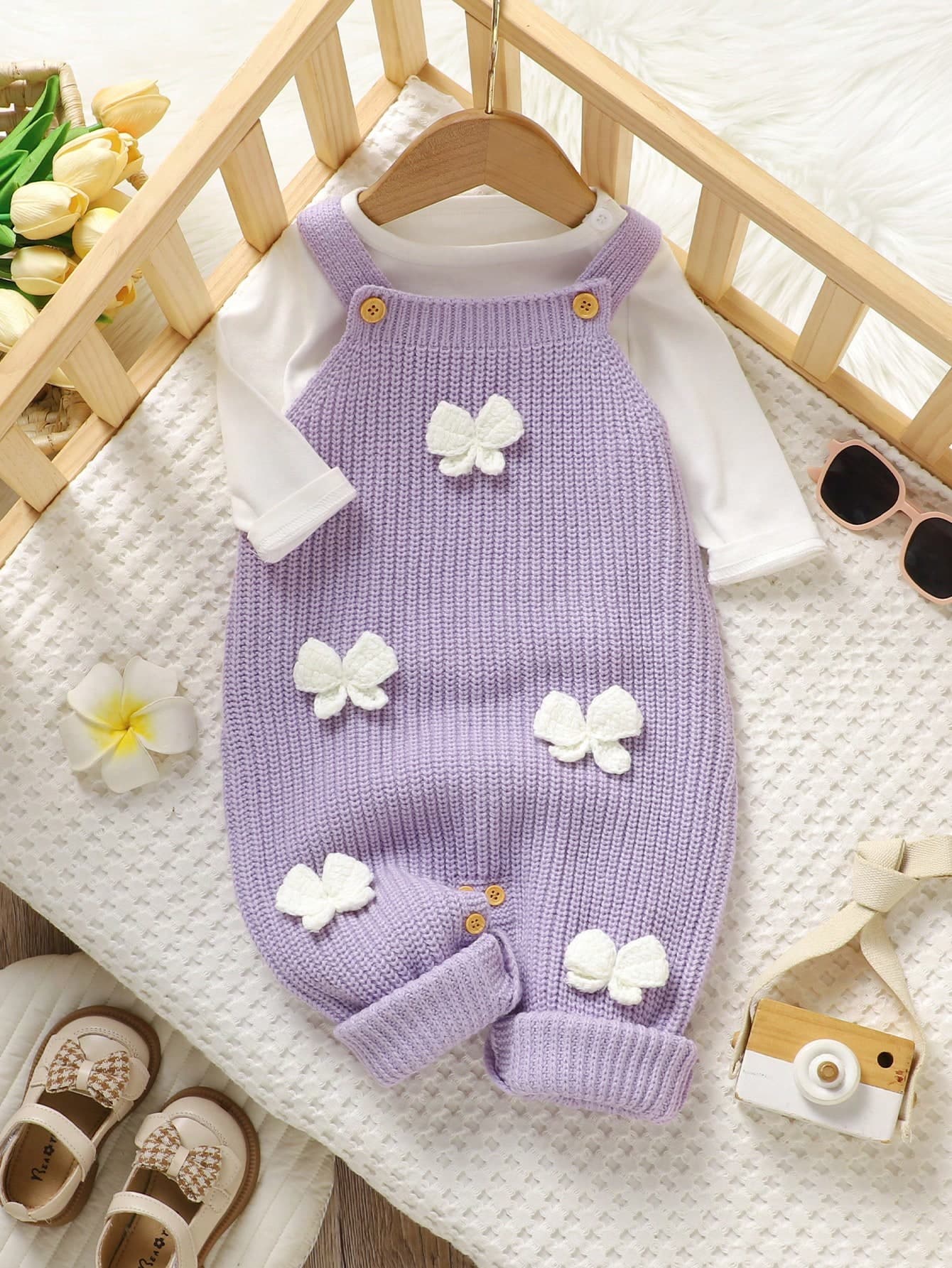 SHEIN Baby Girl Purple Butterfly Knitted Romper,Autumn Cute Matching Family Sleeveless 3D Bow Decor Jumpsuit,Sweet Bib Overalls Newborn Winter Outfits