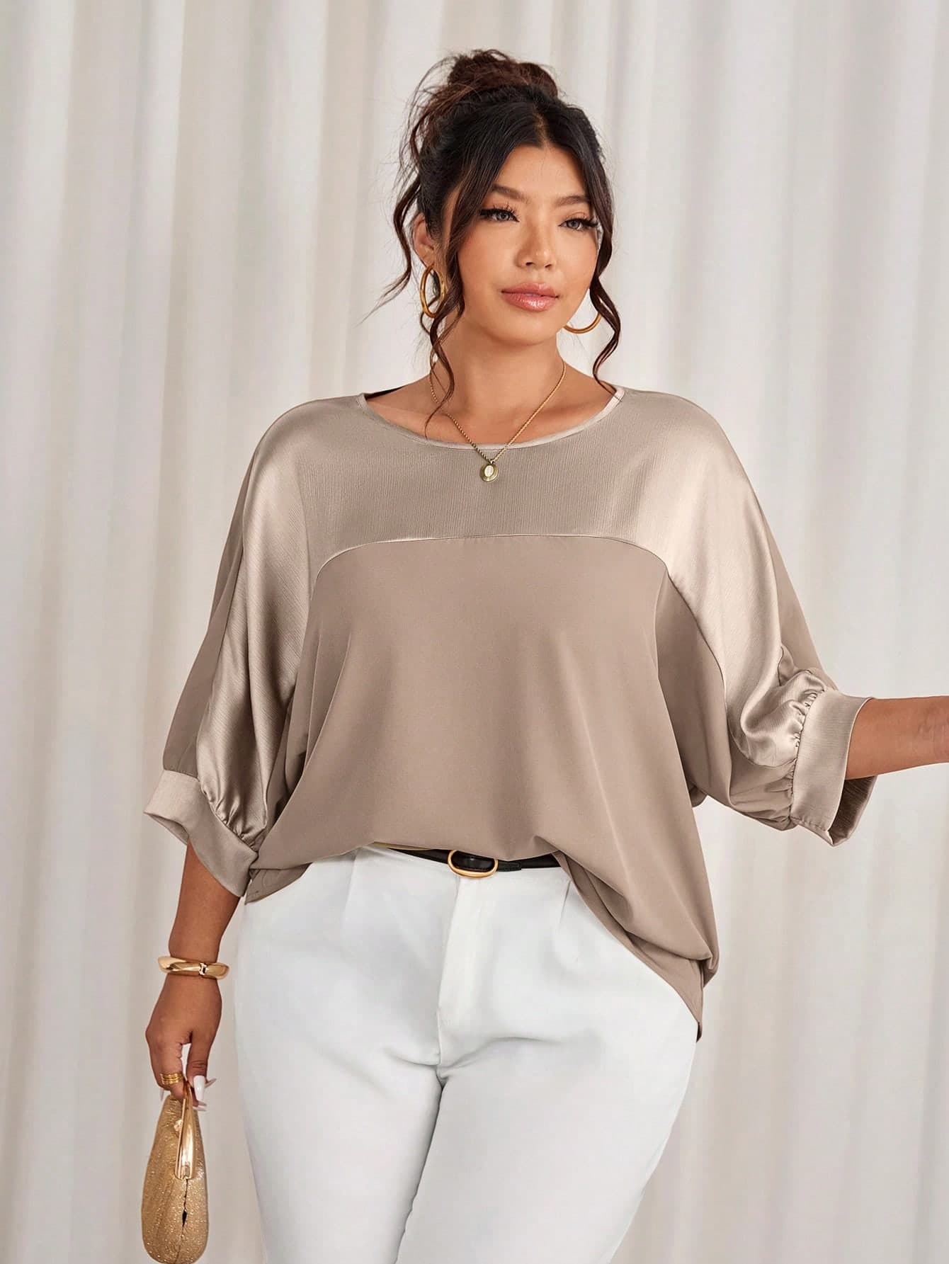 Cravure Plus Size Pink And Grey,Autumn,Elegant,Dinner Round Neck 3/4 Raglan Sleeve Metallic Fabric Patchwork Contrast Color Pullover Shirt Holiday Commute