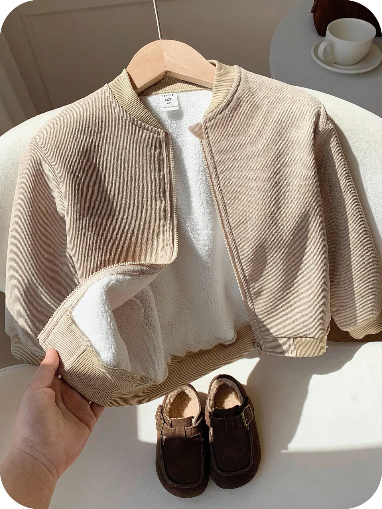 SHEIN 1pc Unisex Baby Boy Thick Thermal Lined Khaki Jacket, Casual Warm Outerwear, Autumn/Winter