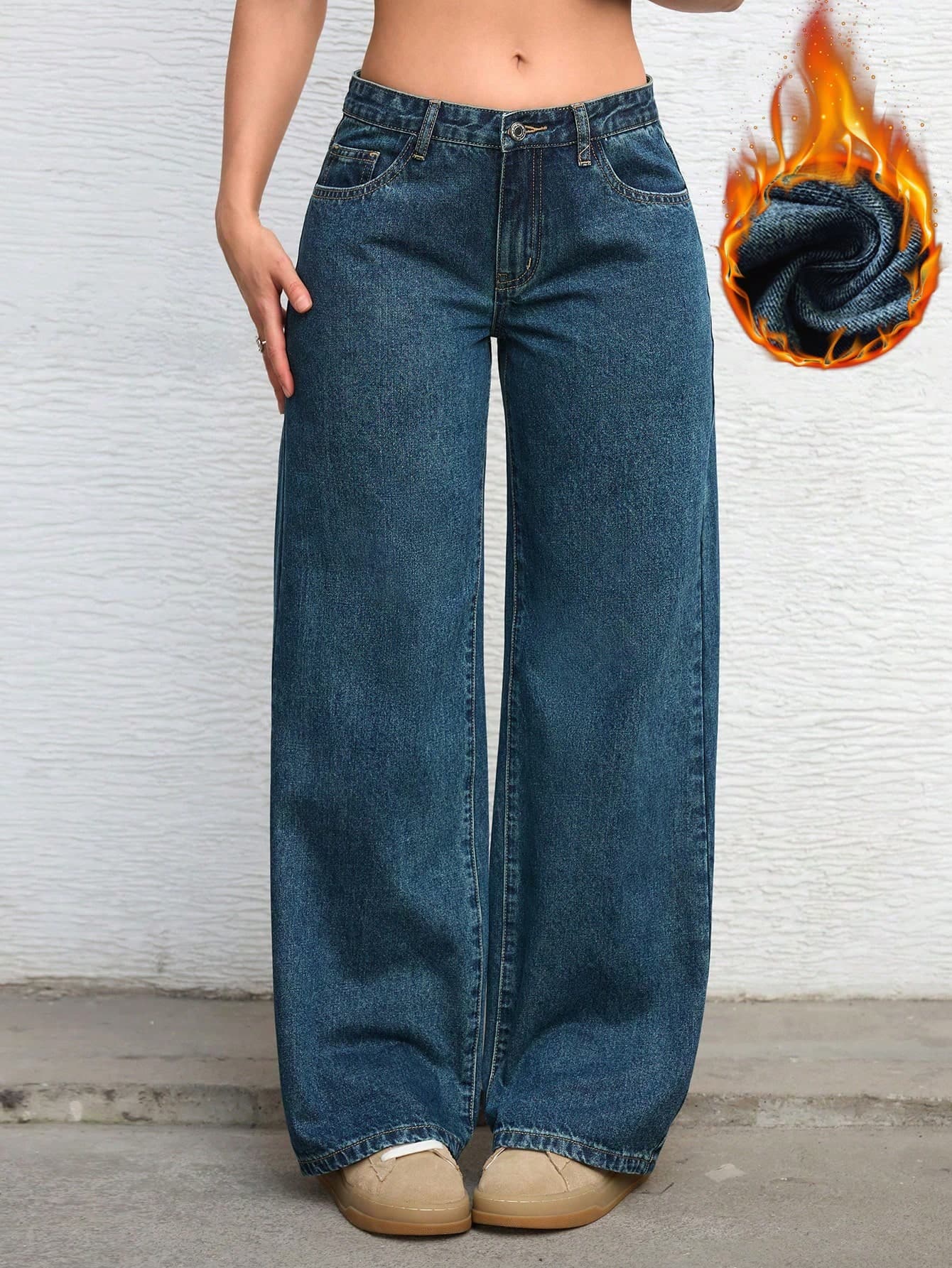 SHEIN ICON Women's Solid Color Casual Warm Denim Jeans