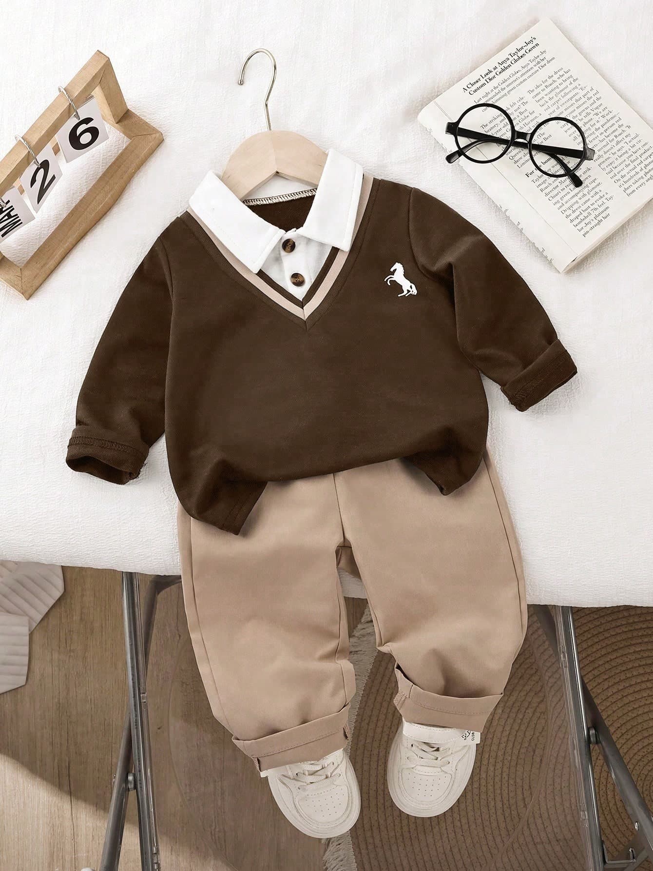 SHEIN Playful Pals 1pc Baby Boy Set Knitted Long Sleeve Polo 2 In 1 Sweatshirt Chest Print Top&Elastic Waist Pants All Shades Of Brown Autumn Casual Matching Family