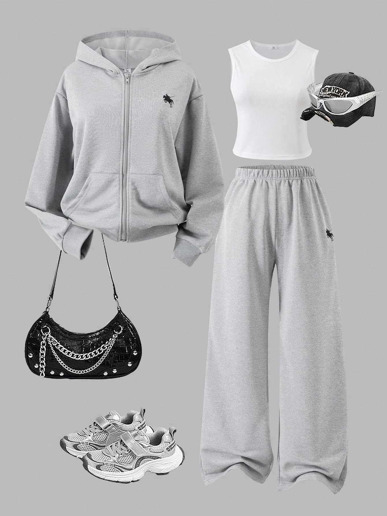 Sparklyn 3pcs/Set Teen GirlCasual Outfit, Including Hooded Zip-Up Sweatshirt With Horse Print, White Tank Top, And Elastic Waist Straight Leg Pants, Autumn
