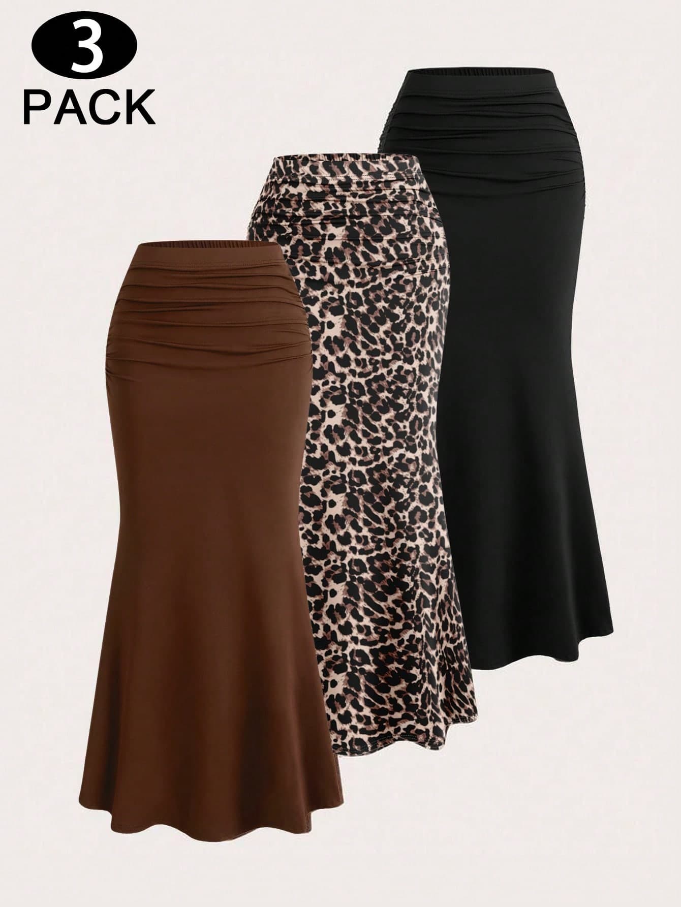 Lalippa 3pcs Elegant Party Solid Black Coffee Color Mermaid Skirt And Leopard Printd Graphic Skirt Set For Women