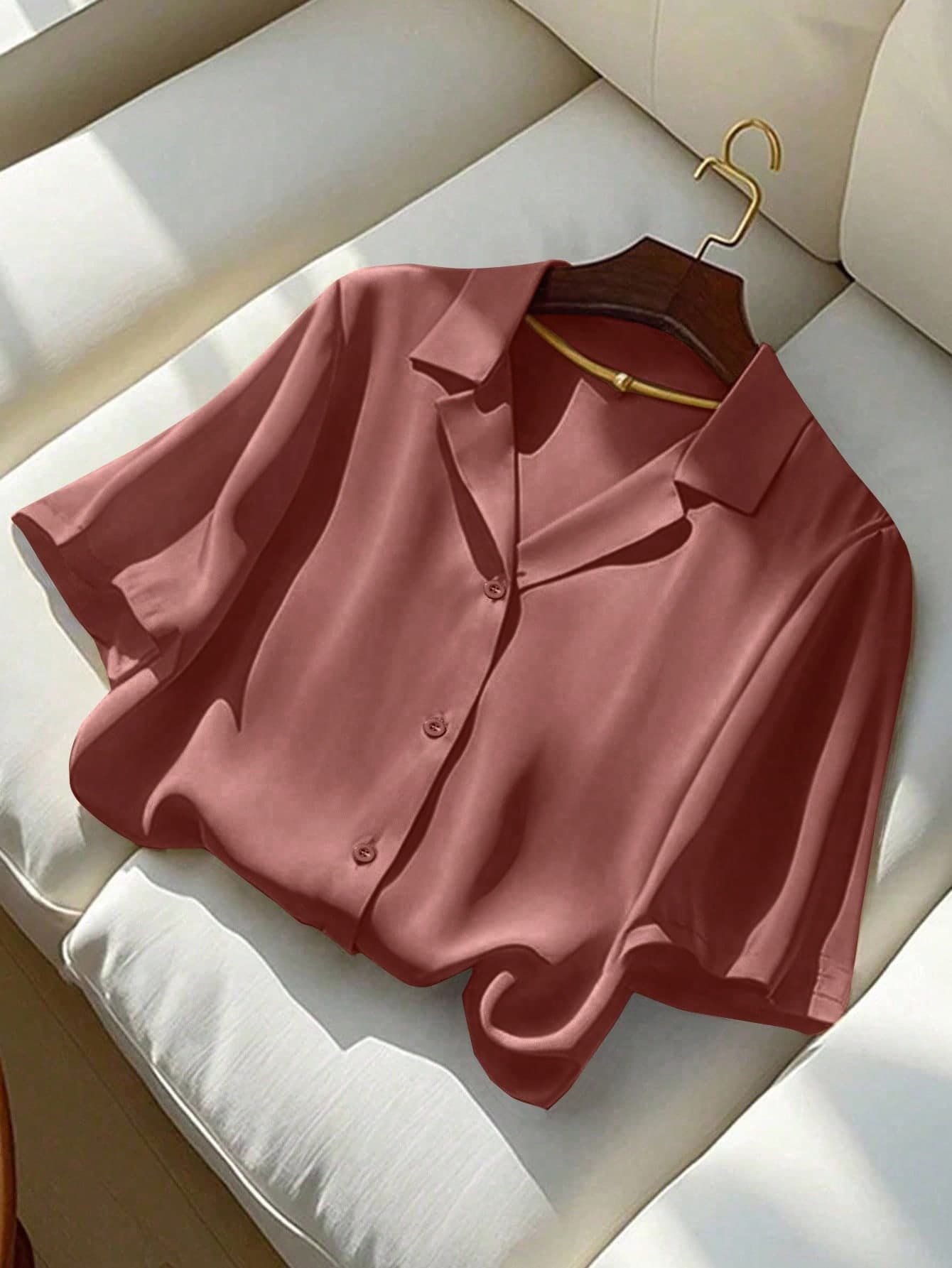 Franclia Women's Casual Solid Color Turndown Collar Short Sleeve Shirt, Summer