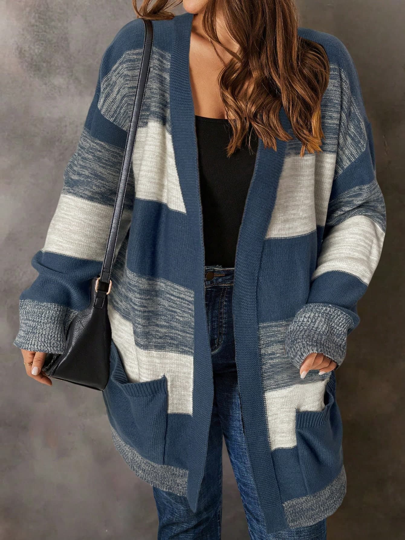 EMERY ROSE Plus Size Women's Dropped Shoulder Long Sleeve Casual Vacation Tie-Dye Striped Cardigan, Autumn/Winter