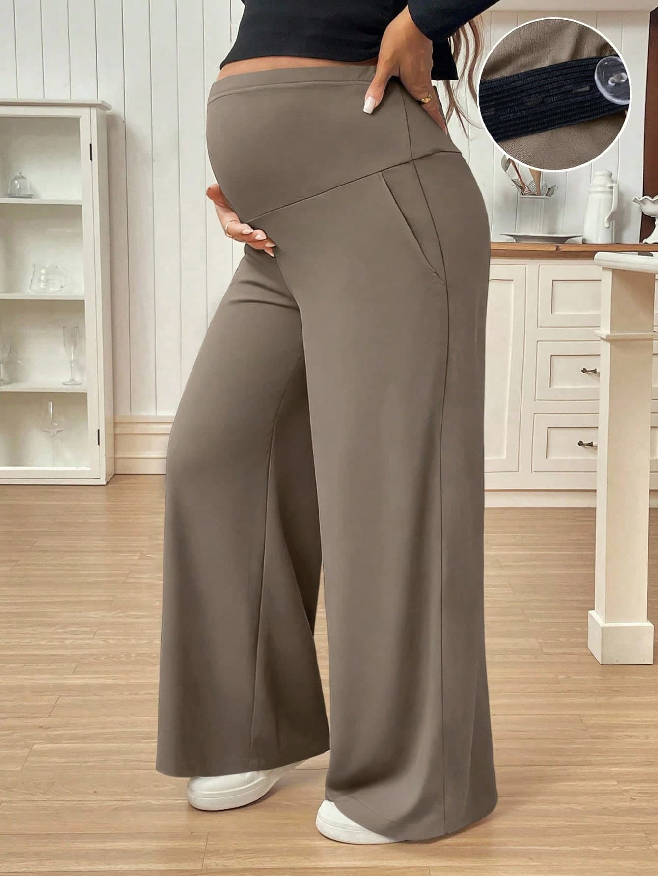 SHEIN Maternity Solid Color Adjustable Waist Pocket Wide Leg Loose Pants World Cup