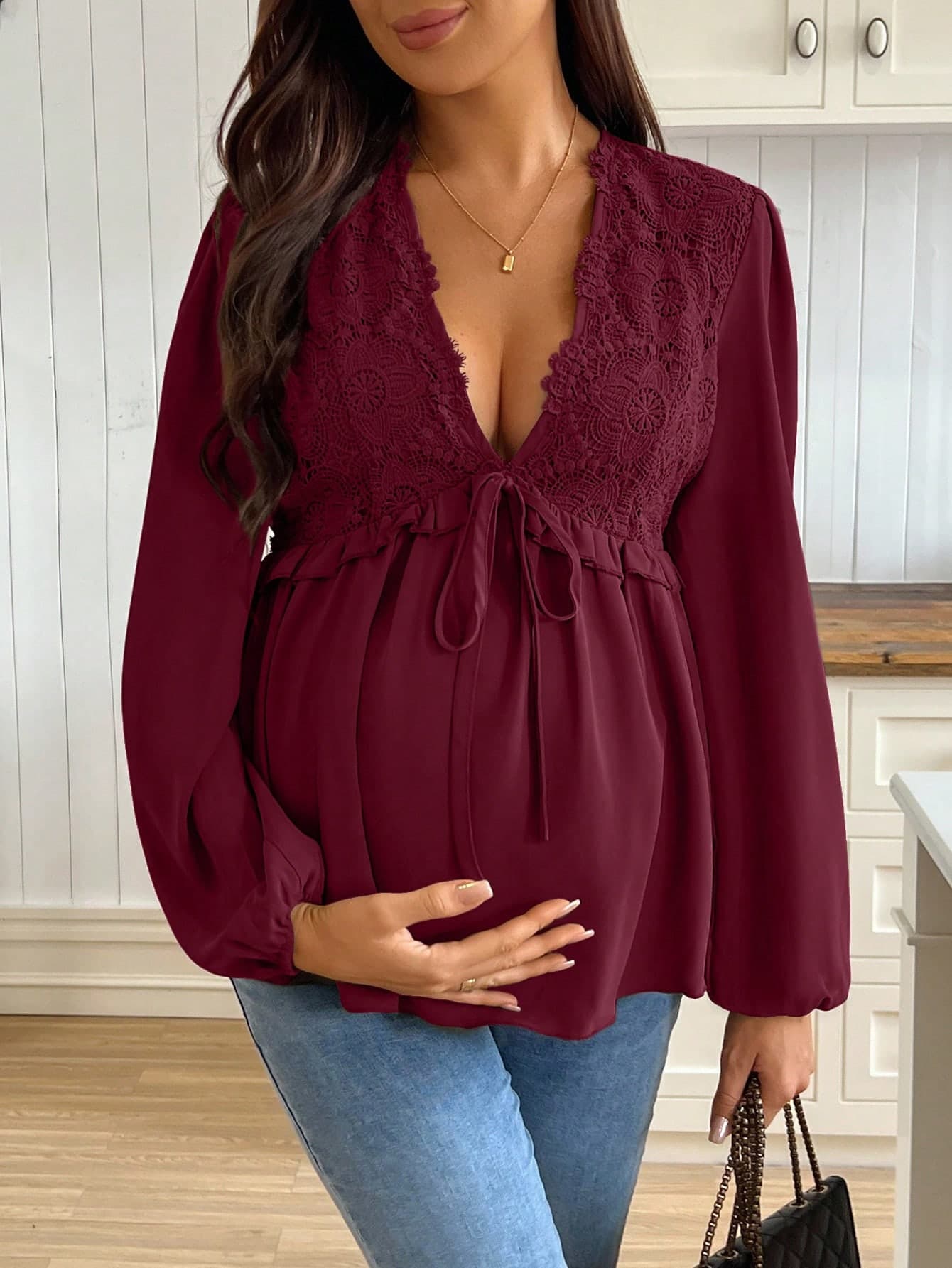 SHEIN Maternity Contrast Lace Deep V-Neck Tie Front Lantern Sleeve Sexy Blouse