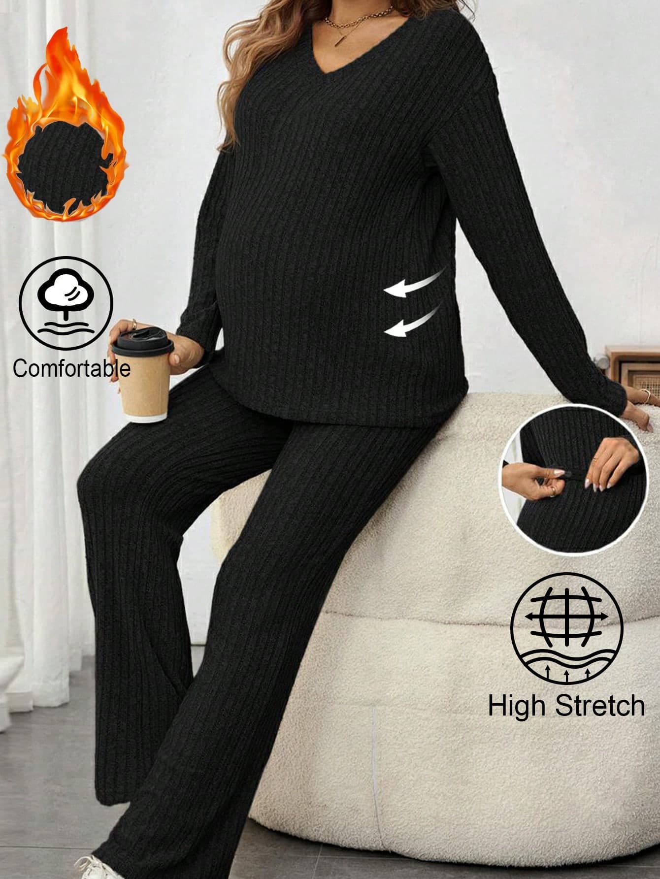 SHEIN 2pcs Maternity Solid V-Neck Drop Shoulder Long Sleeve Ribbed T-Shirt And Adjustable Waist Pants Casual Set, Autumn