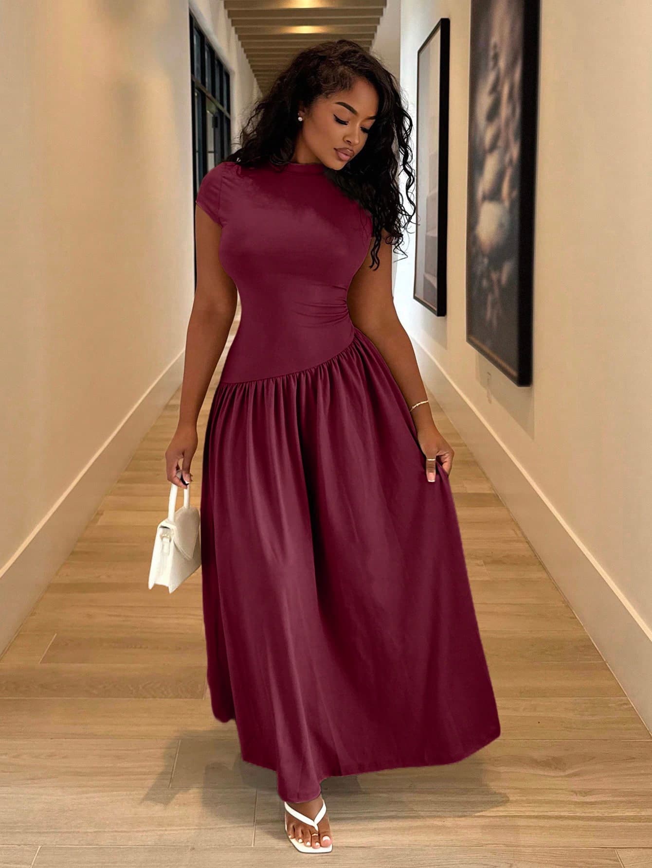 Alexandranx Elegant Minimalist Daily Wear Unique Solid Color Short Sleeve Fitted Stand Collar Asymmetric A-Line Waist Long Dress,Casual Dresses For Women,Fall Dresses For Women