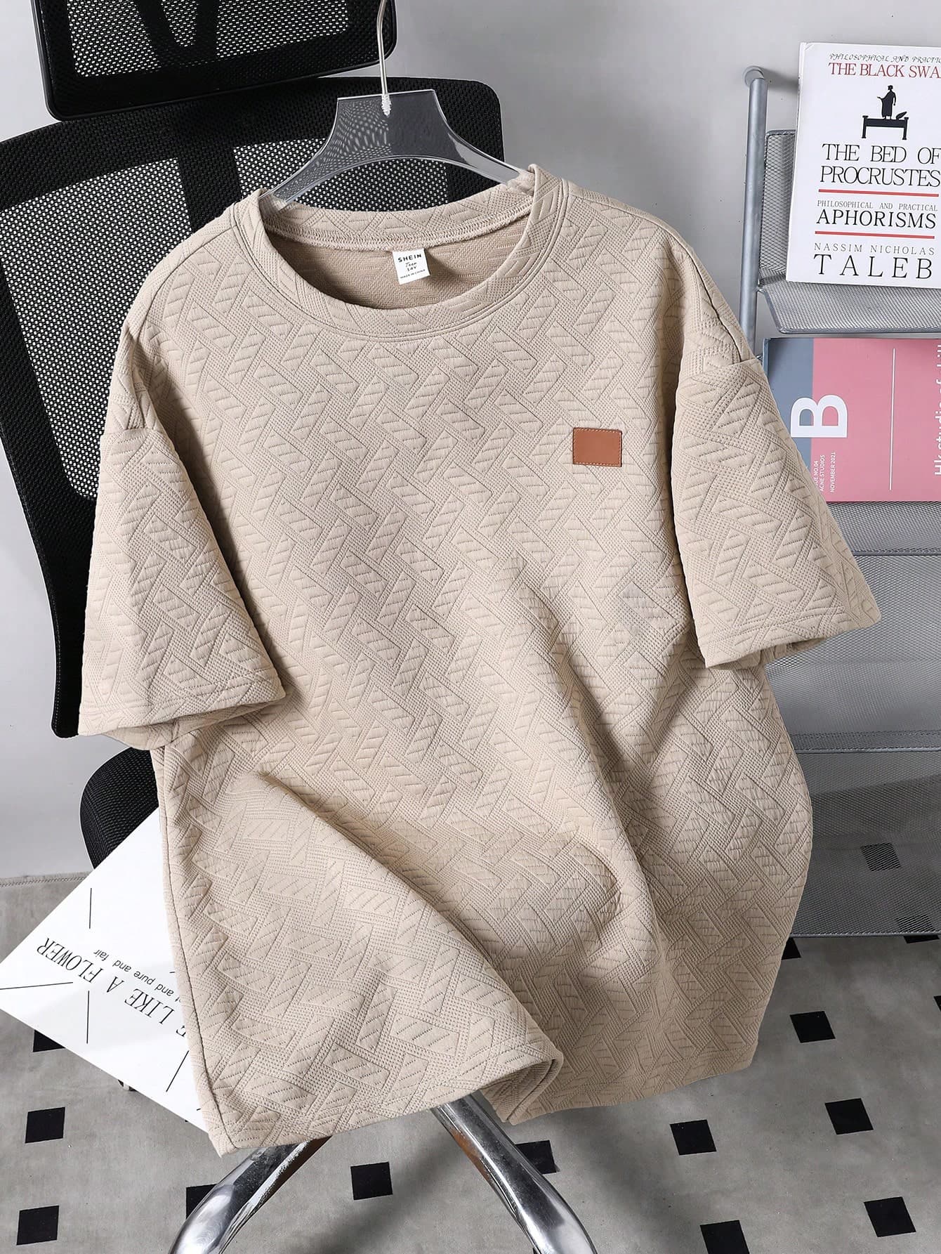 Mirajuku Teenage Boys' Summer Geometric Textured Fabric Sports Street Casual Minimalist Fashion Loose Small Logo Embroidery Round Neck Short Sleeve T-Shirt