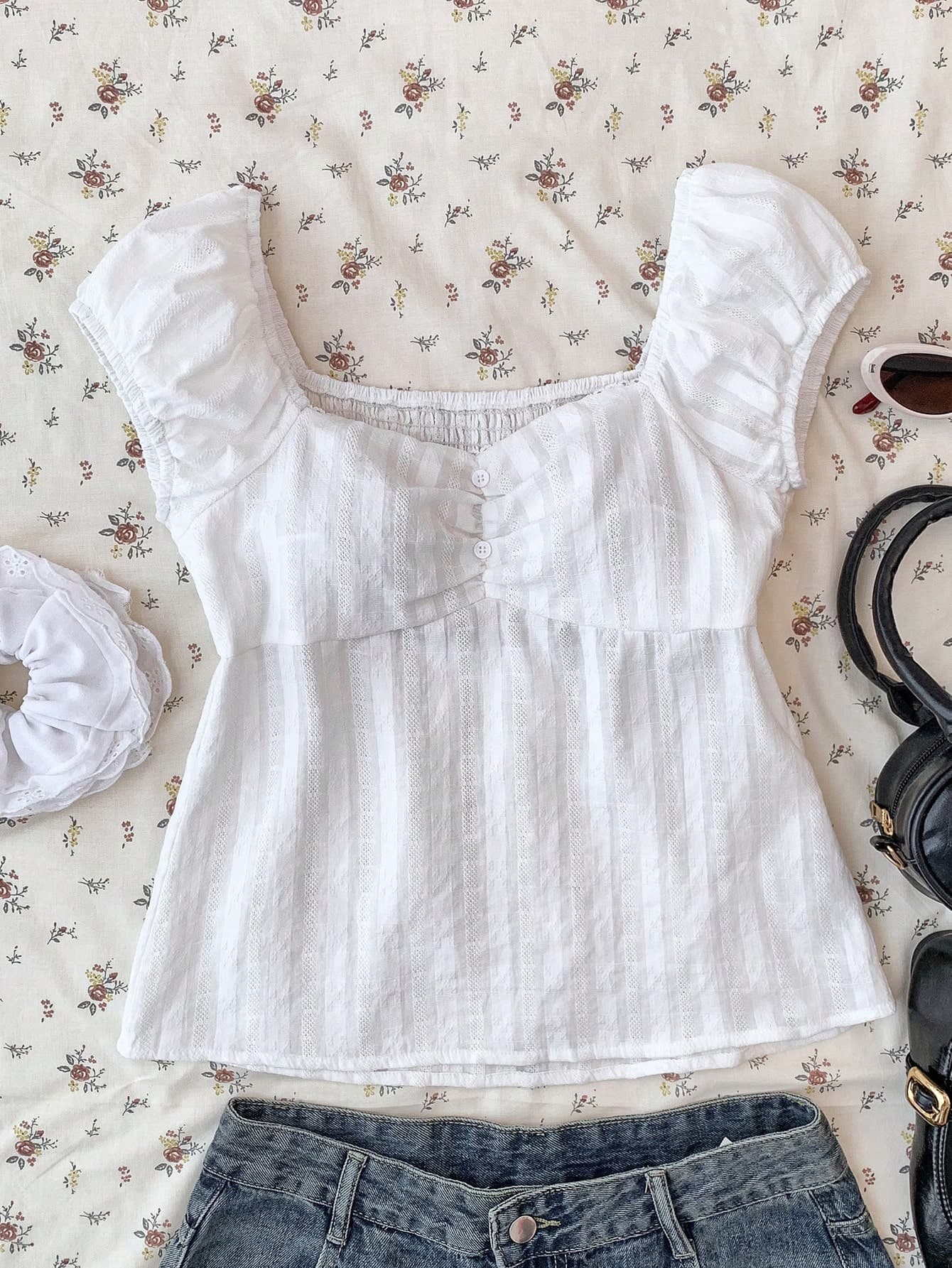SHEIN Teen Girls Vintage Plaid Ruffle Trim A-Line Blouse, Casual School Style White Top For Girls Girls Babydoll Top Square Neck Top