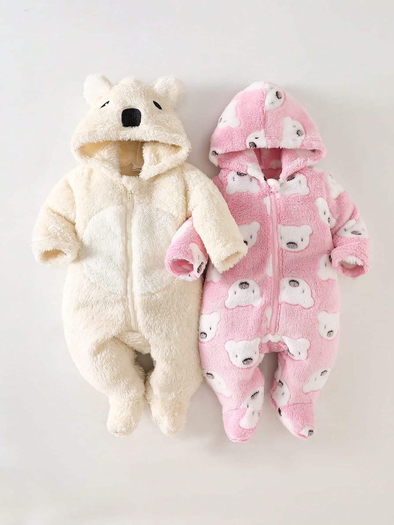 2pcs Newborn Cozy Fleece Koala Print Embroidered Long Sleeve Jumpsuit, Thick & Warm Outfit For Autumn/Winter