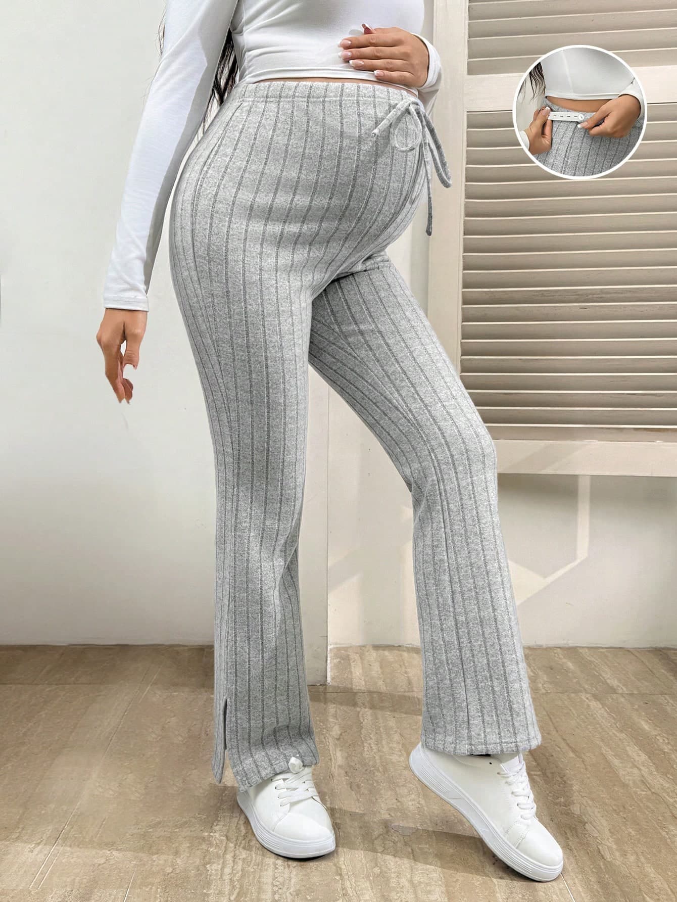 SHEIN Maternity Solid Color Adjustable Waist Ribbed Slit Leggings