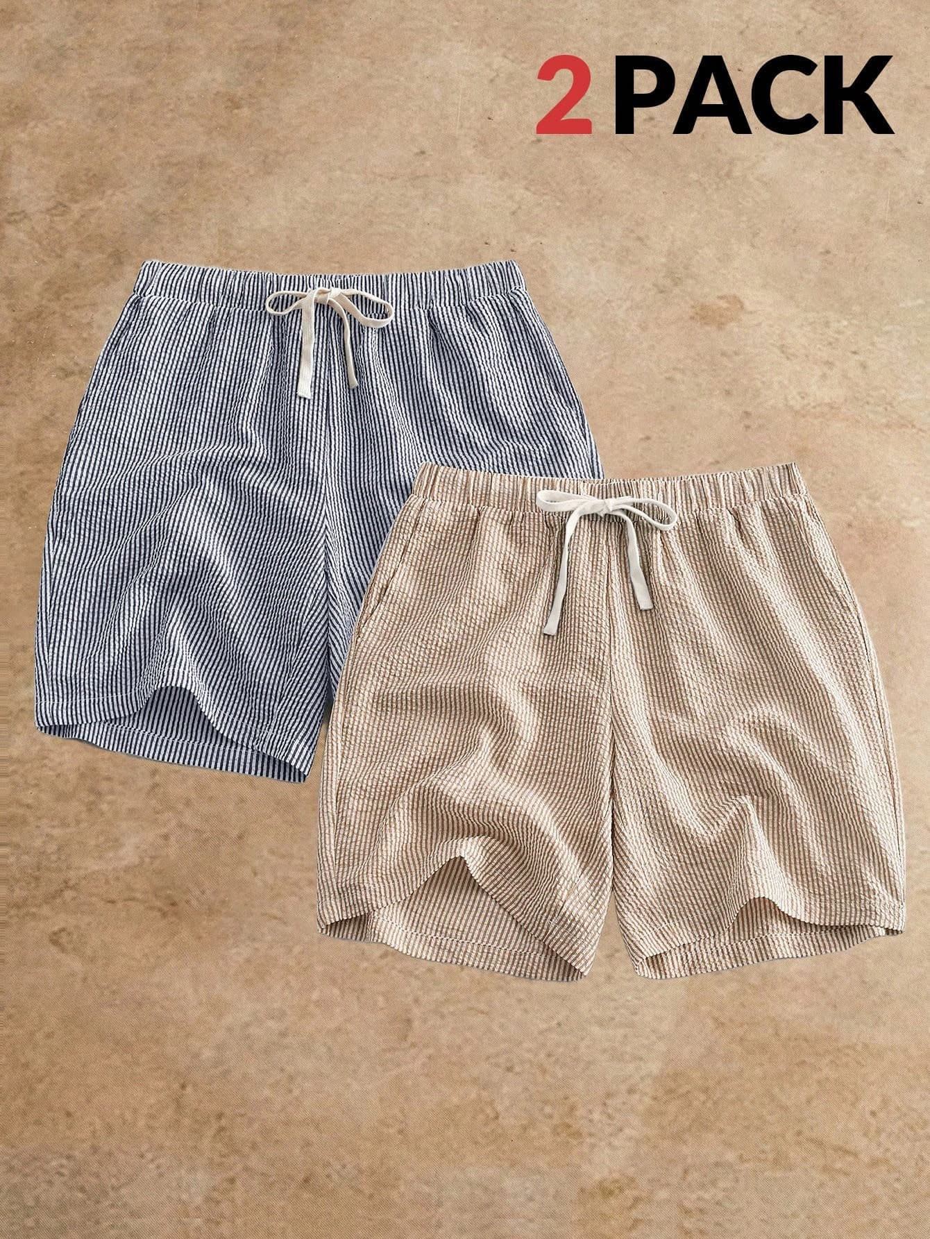 HIMLAND 2pcs Pack Men's Casual Woven Striped Mid-Waist Drawstring Straight Leg Linen Shorts Summer Vacation Shorts, Father's Day Gifts, Football
