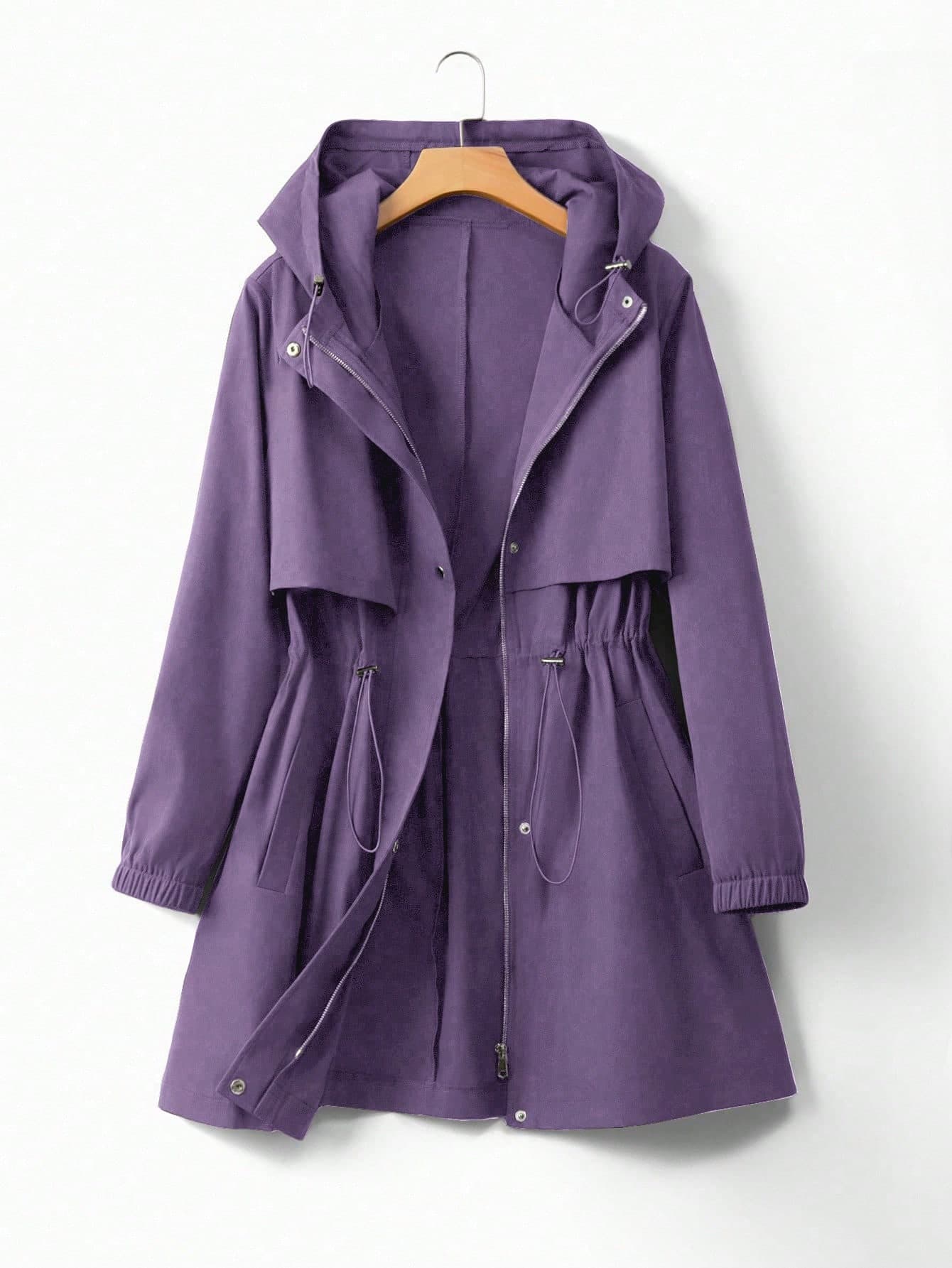 EMERY ROSE Plus Size Women Cinched Waist Hooded Windbreaker Jacket,Korean Style Casual Autumn Hiking Elegant Loose Fit High-End Summer Rain Coat Purple Trench