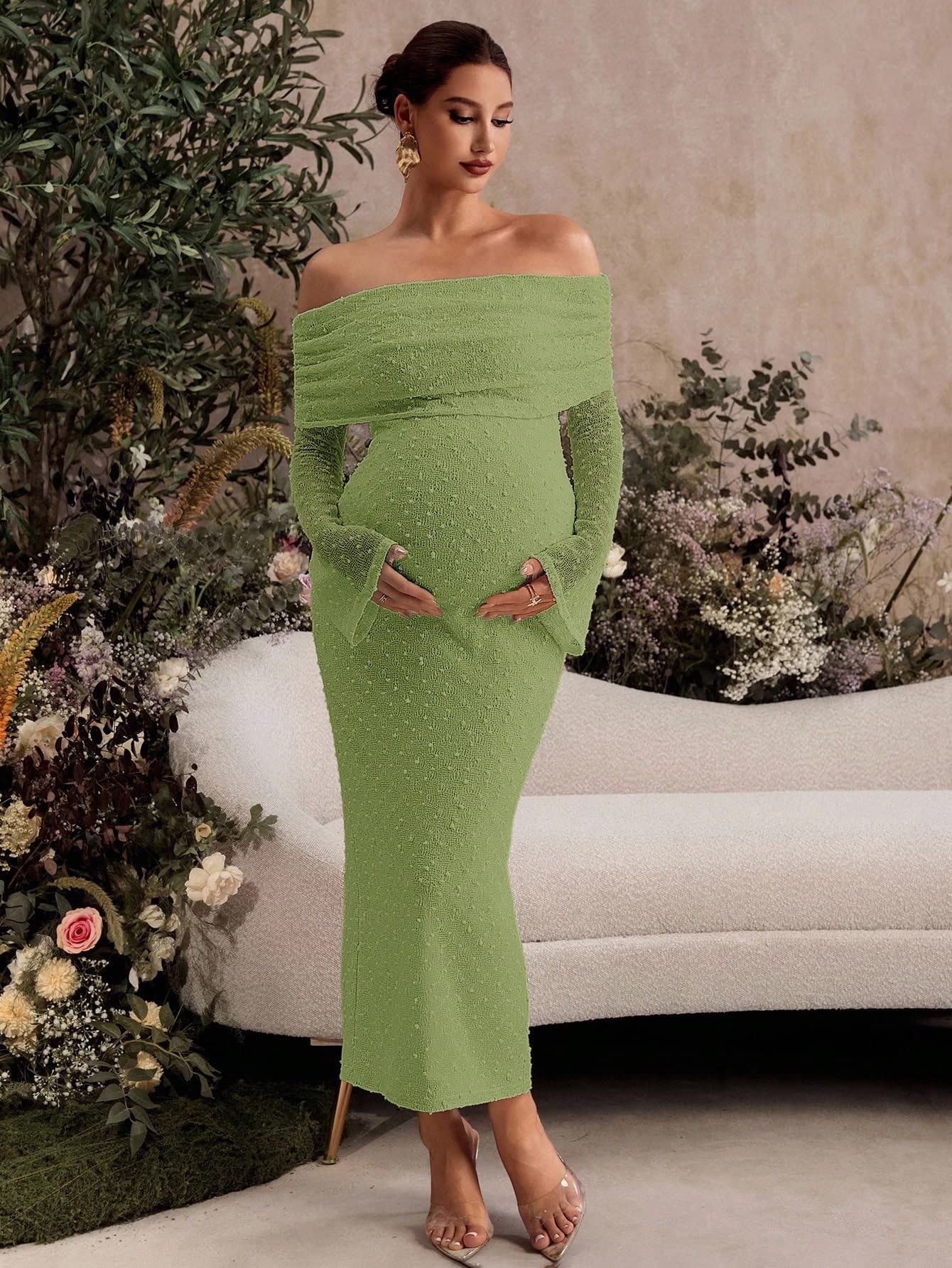 MaterniChic Sage Green Elegant Maternity Party Dress For Pregnant Women,Autumn Fall Clothes,Textured Fabric Ruched Off Shoulder Split Hem Fitted Evening Gown