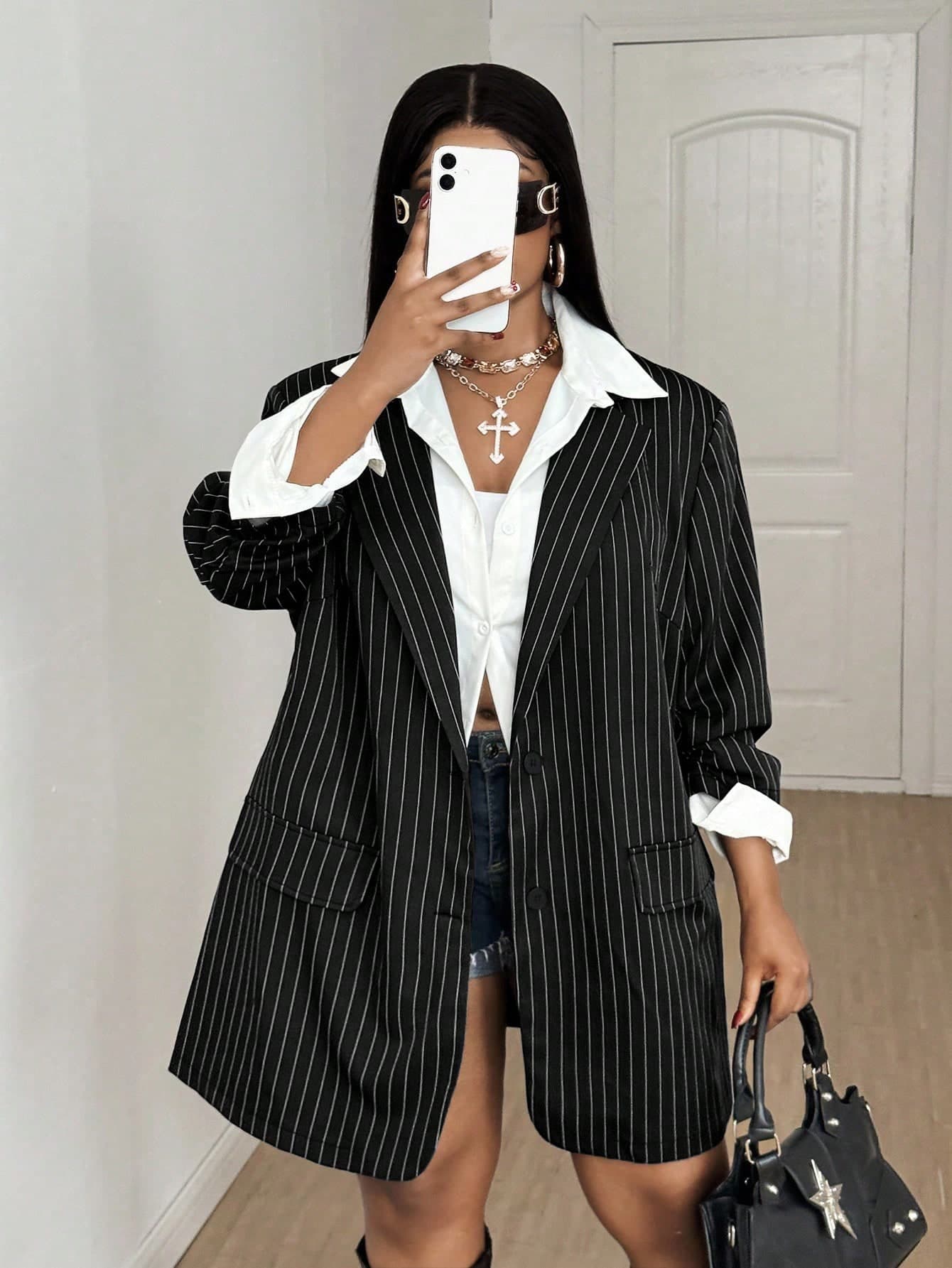 Maweii Plus Size Women Striped Lapel NeckLong Sleeve Casual Loose Jacket Fall