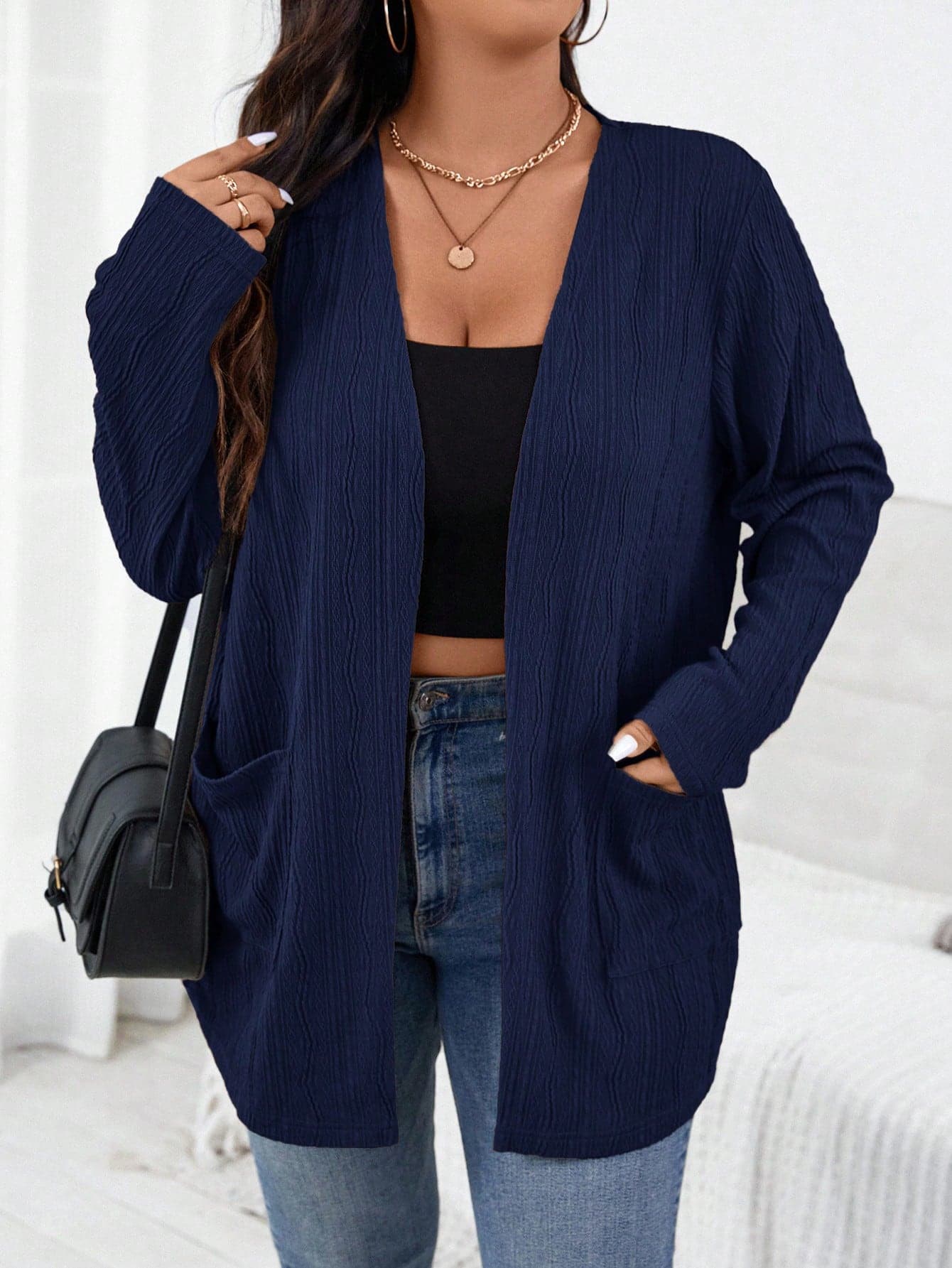 SHEIN Essnce Plus Size Women's Autumn New Fashion Fall Cardigans Jackets Long Sleeves Work Business Casual Commuting Elegant Jacquard Fabric 2 Pockets Hiking Thin