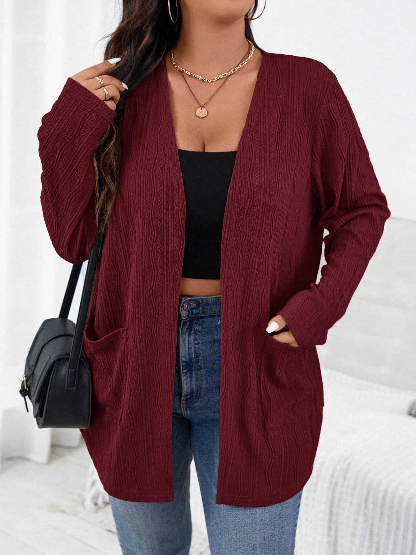 SHEIN Essnce Plus Size Casual Solid Color Double Pocket Jacket, Autumn/Winter Fall