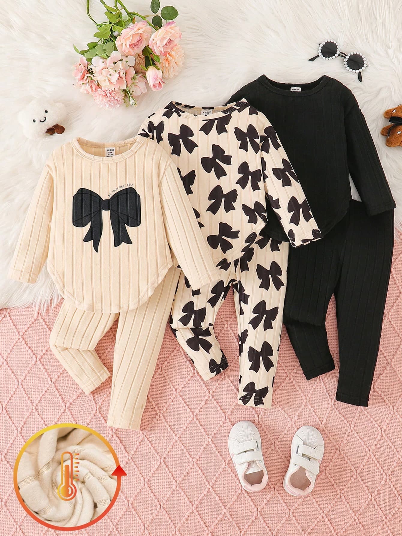 SHEIN 6pcs Baby Girls Bow Print Top With Curved Hem + Printed Solid Color Pants Set, Cute Casual Versatile Outfit For Autumn