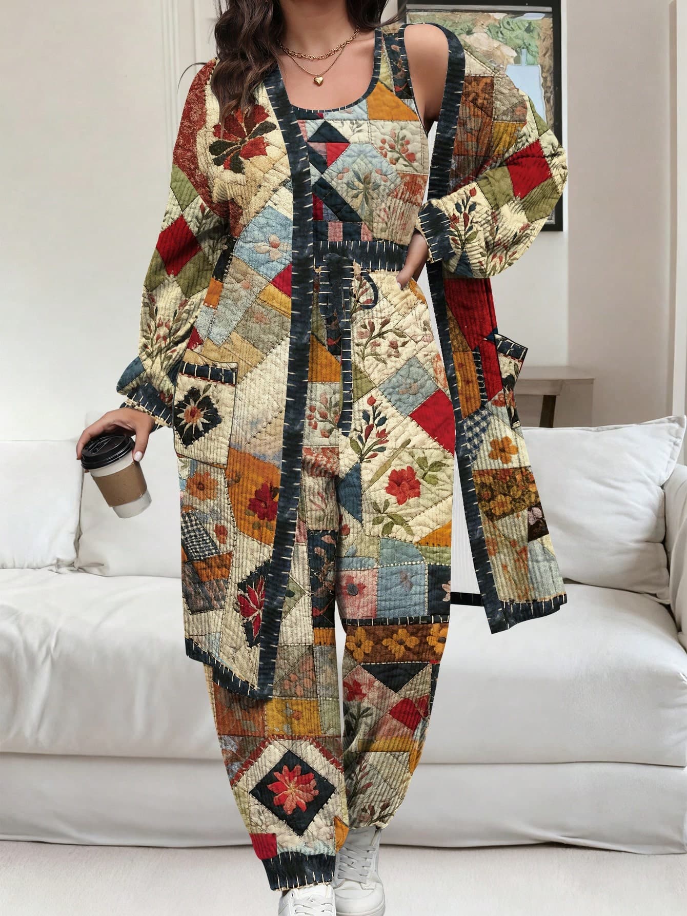 Vionelle Plus Size Women's French Patchwork Geometric Print Two Pieces Set,Long Sleeve Quilted Jumpsuit,Beige,Autumn,Boho,Everyday,Wedding Guest Christmas Suit
