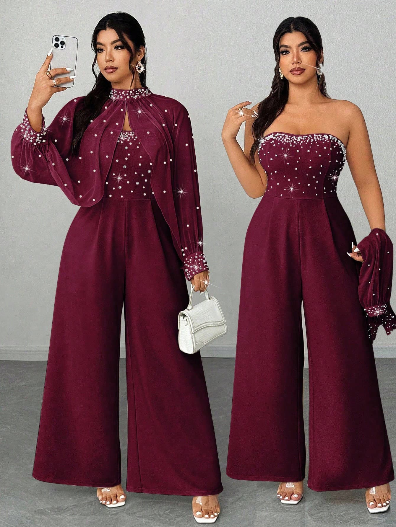 Elenzga Plus Size Women's Elegant Formal Wedding Rose Gold Winter Chiffon Beaded & Rhinestone Stand Collar Long Sleeve Top & High Waist Wide Leg Jumpsuit Set