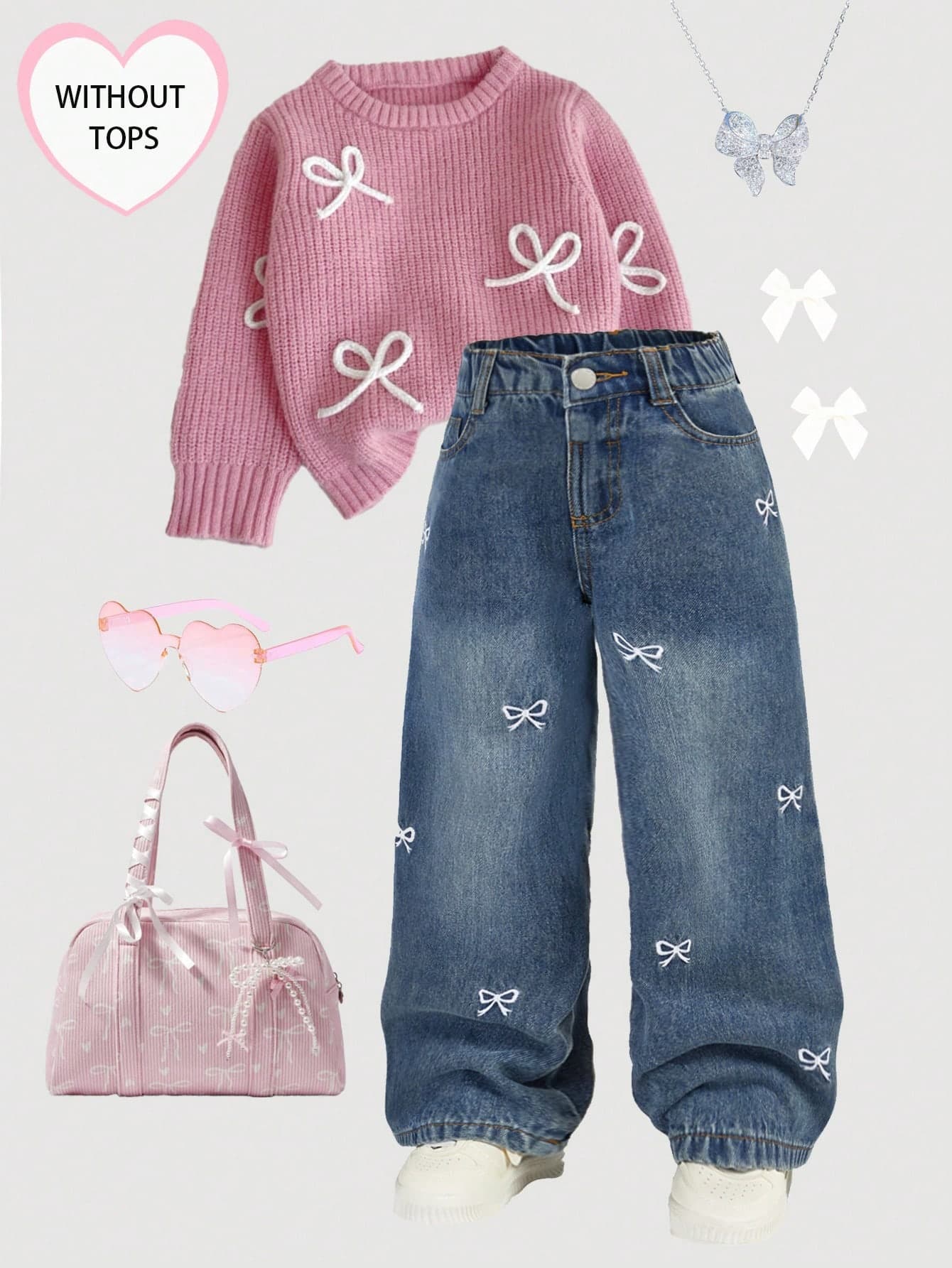 Maija Kids Maija Kids Young Girl Y2K White Bow Embroidered Pattern Blue Denim Loose Pants,Fall,Winter,Casual And Fashionable Vacation,2000s Style,Halloween Denim Jeans,Christmas,Sweet