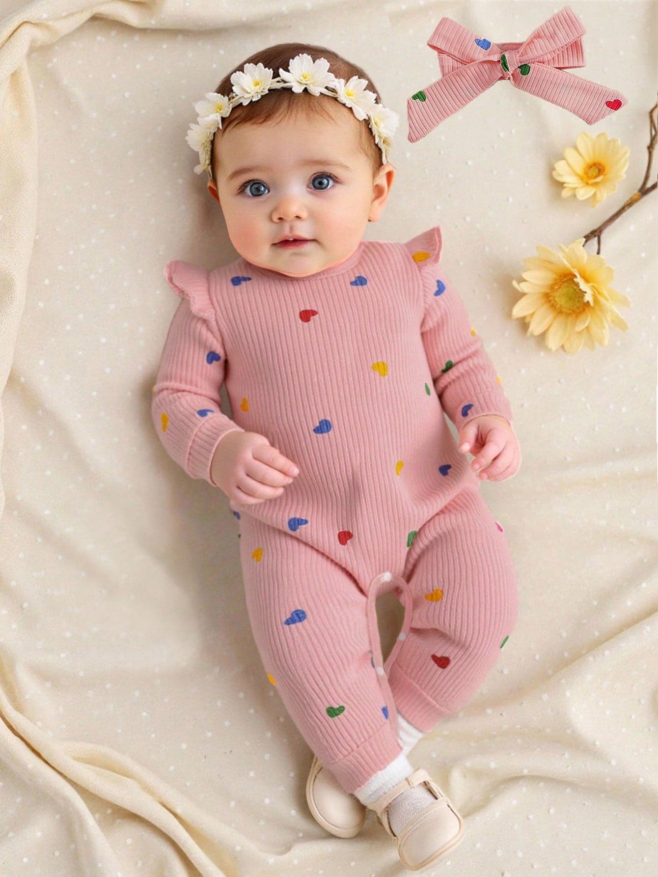 SHEIN Cute & Sweet Autumn Newborn Baby Heart Print Jumpsuit, Cozy Knit Long Sleeve Jumpsuit With Headband