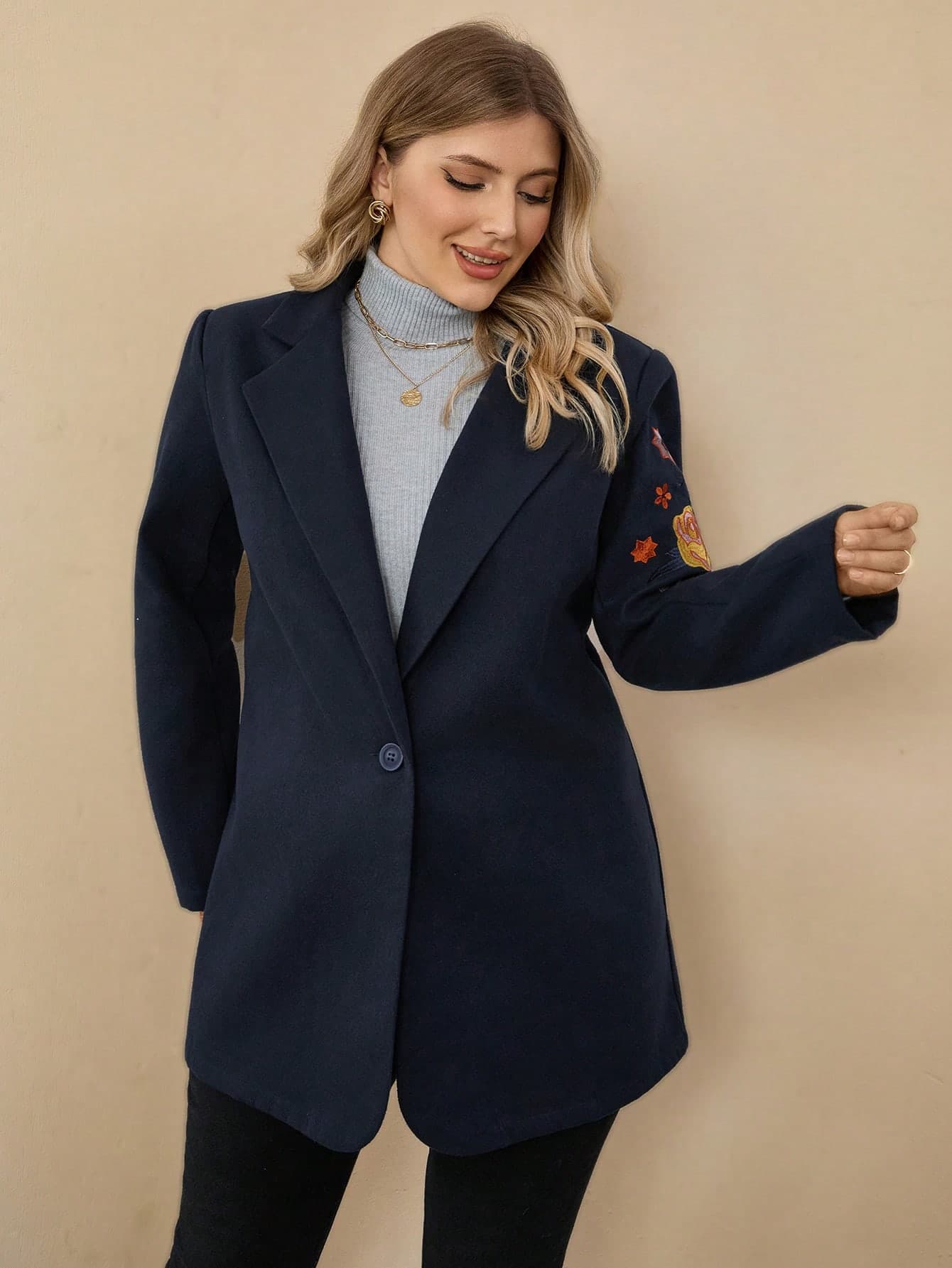 EMERY ROSE Plus Size Women Floral Embroidery Lapel Neck Long Sleeve Casual Blazer Winter Christmas New Year Blazer