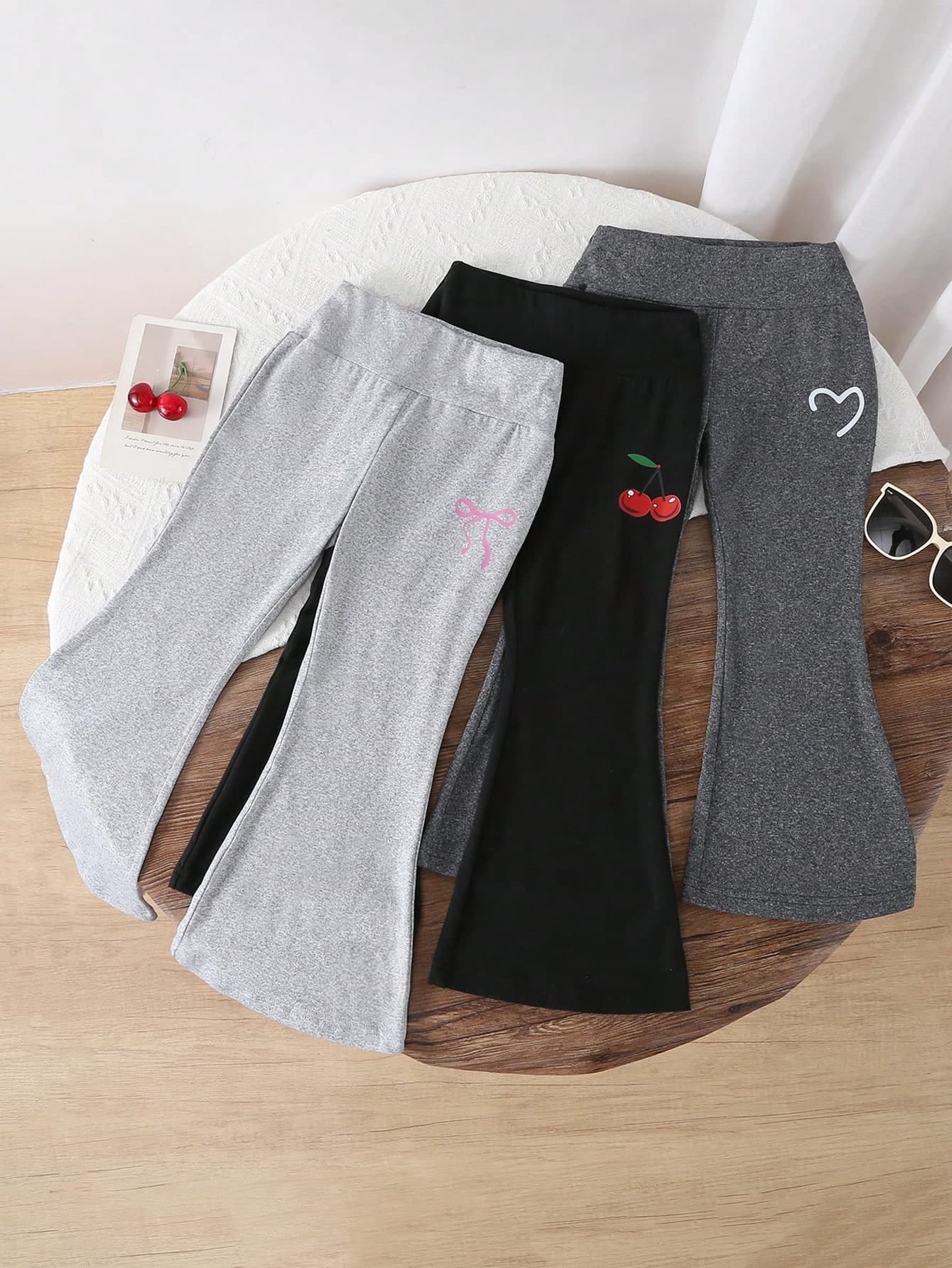 Genkimix Kids 3pcs/Set Young Girls' Soft Solid Color High Waist Elastic Flare Pants, Versatile Slim Fit Full Length Leggings, Suitable For Spring & Autumn