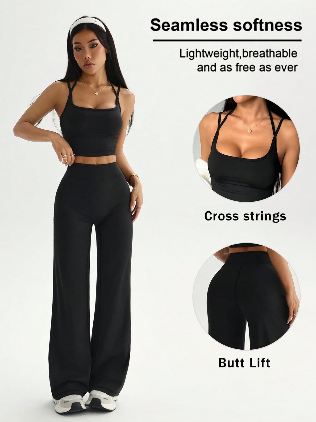 SHEIN Sovereign Charm Women's Minimalist Solid Color Spaghetti Strap Cropped Tank Top And High Waist Straight Leg Pants Sports Set Two Piece Pants Set Flared Leggings Set
