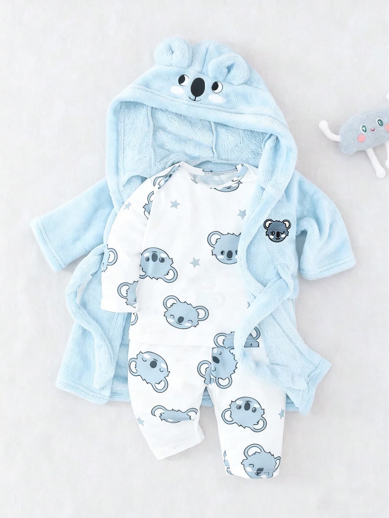 Newborn Baby Pajamas One Piece Set With Hooded Coat,Light Blue Koala Print Long Sleeve Footed Romper,Plush Look Winter Cute Lounge 2026 New Year