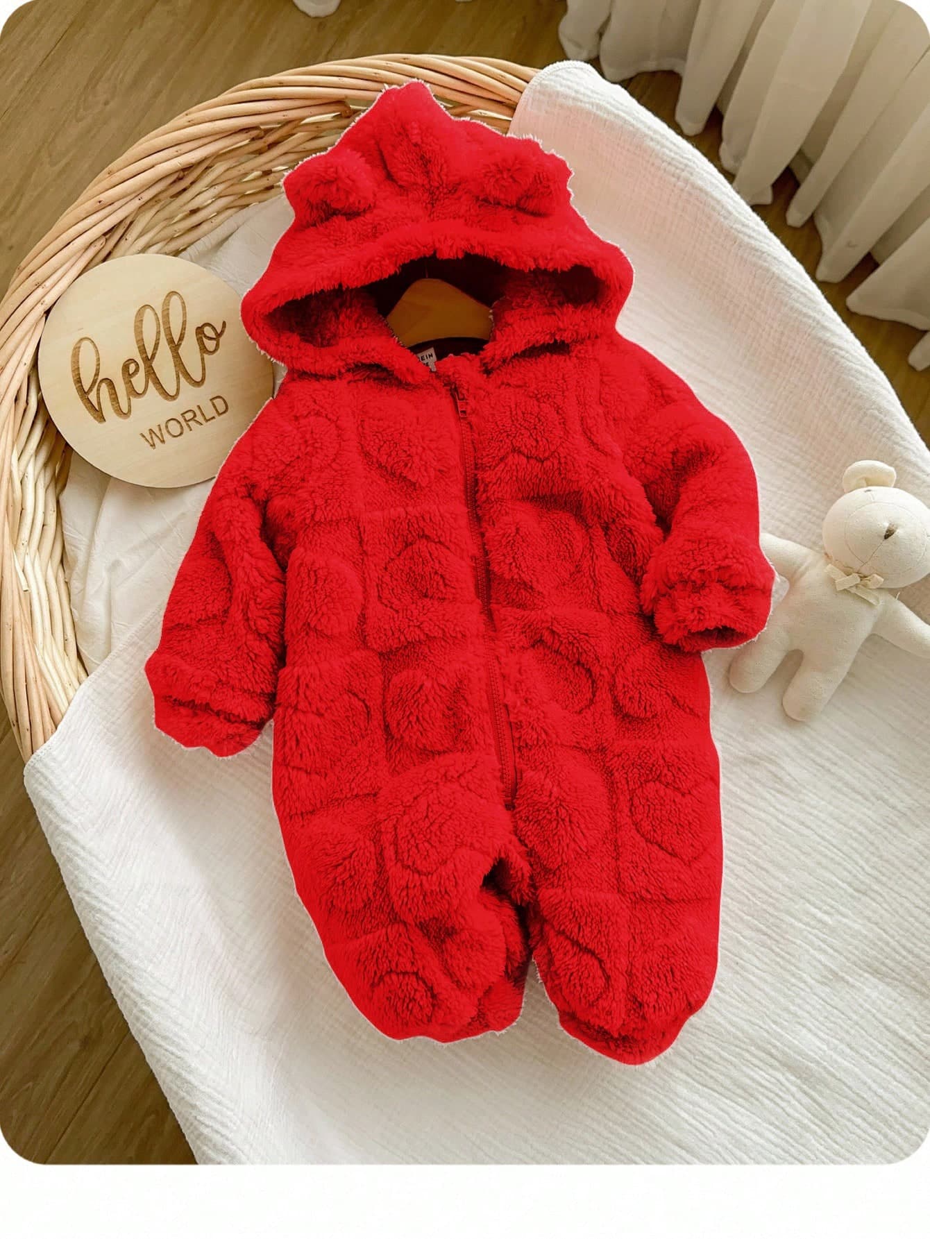 Newborn Baby Girl Cute 3D Ear Fluffy Pink Heart Pattern Zip-Up Hooded Jumpsuit, Autumn/Winter