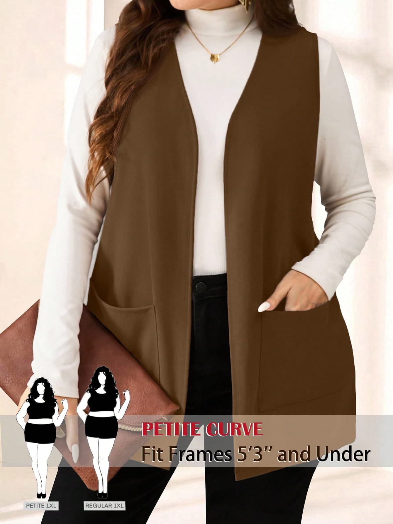 SHEIN PETITE CURVE Plus Size Solid Color Sleeveless Loose Pocket Simple Casual Coat,Spring/Summer,Vacation In Fall/Winter