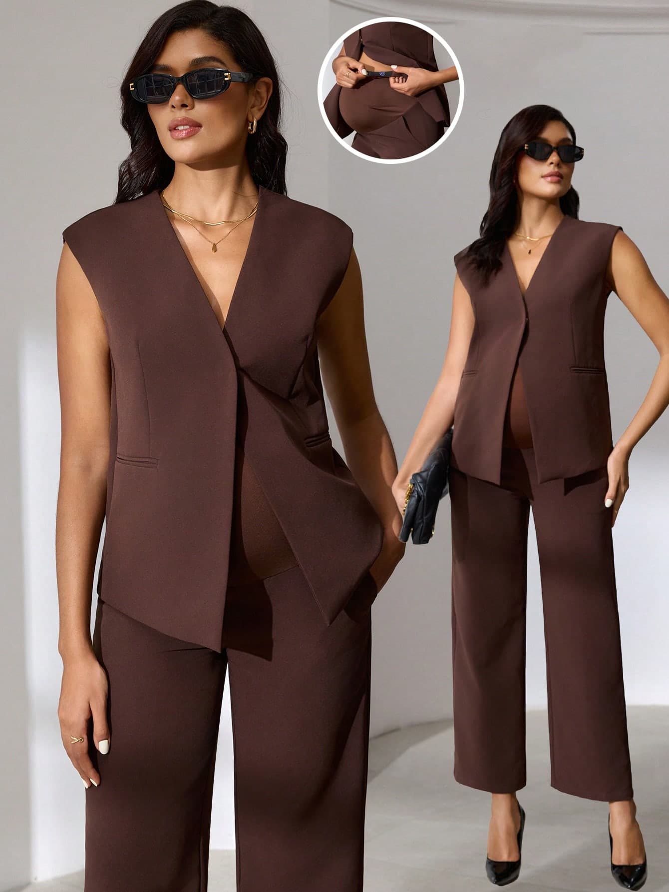 MaterniWear Two-Piece Maternity Casual Brown Vest Suit Jacket And Trousers Set,Elegant Autumn Pregnant Women's Office Professional Attire For Maternity Photoshoot