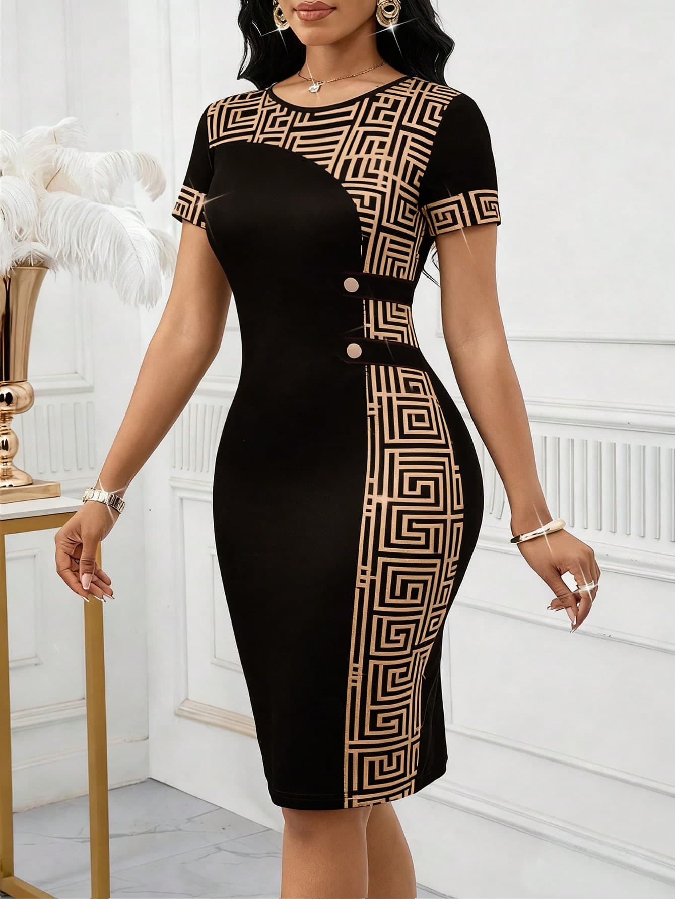 SHEIN Lady Women's Sophisticated Black Geometric Print Midi Dress Round Neck Short Sleeve Knitted Cocktail Pencil Dress