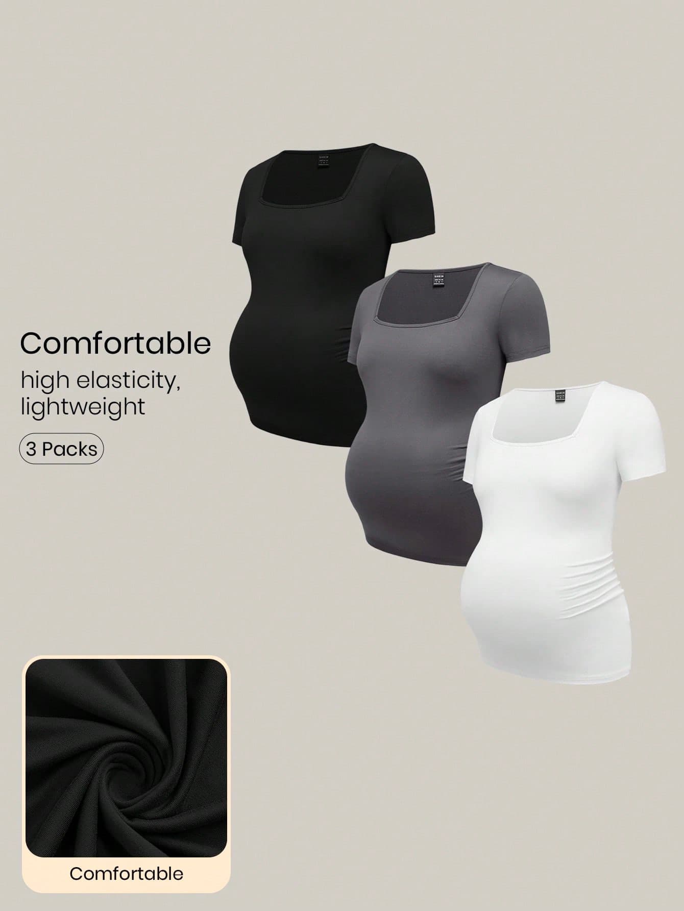 Modmama 3pcs/Set Maternity Casual Minimalist Black White Grey Square Neck Short Sleeve Fitted T-Shirts, Suitable For Summer