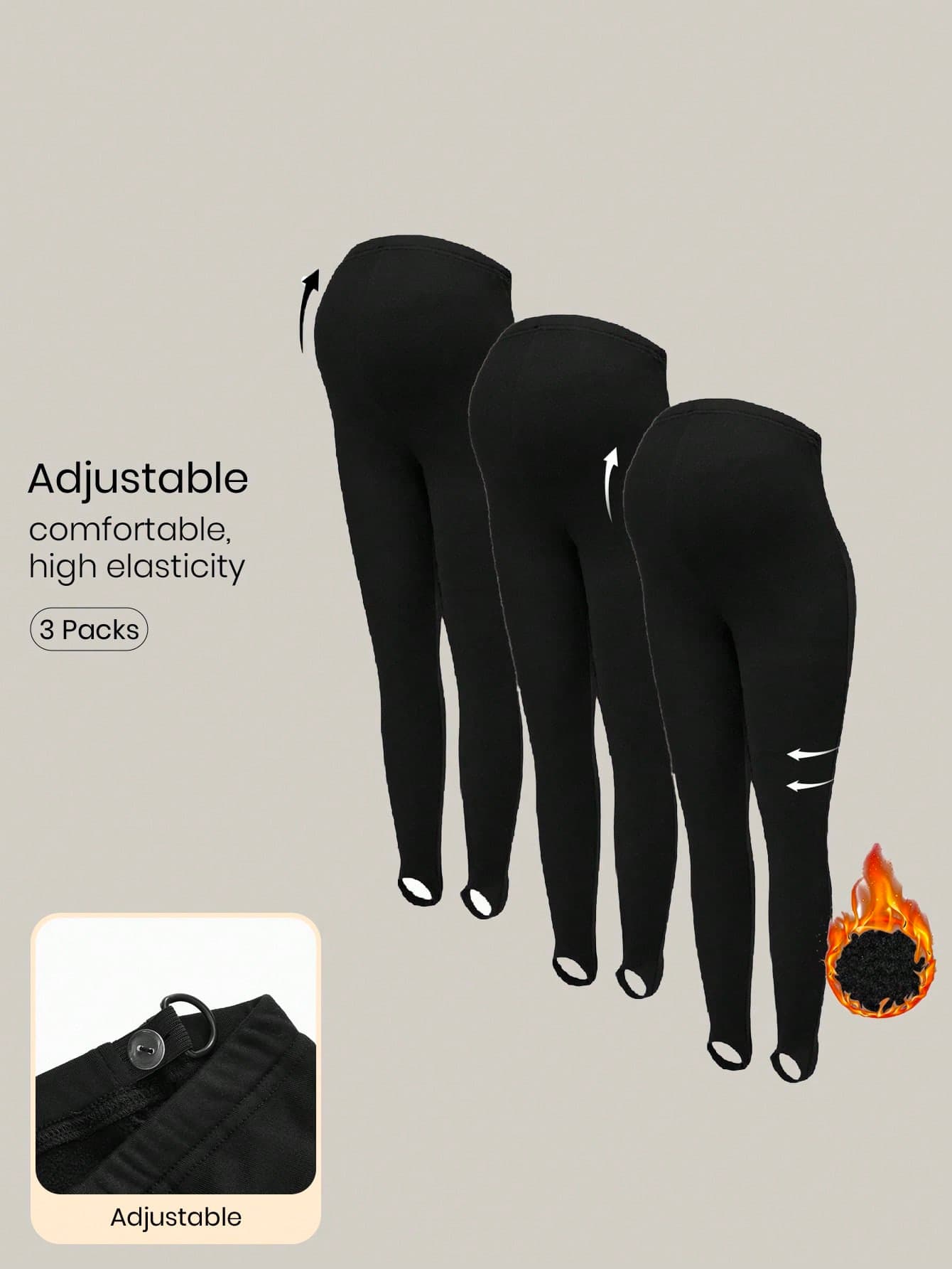 Modmama Maternity Multi-Pack Black Adjustable Waist Stirrup Leggings,Plus-Size Fleece Warm Tights,Women's Winter Clothes,Autumn Casual Formal Gym Pants,3Packs