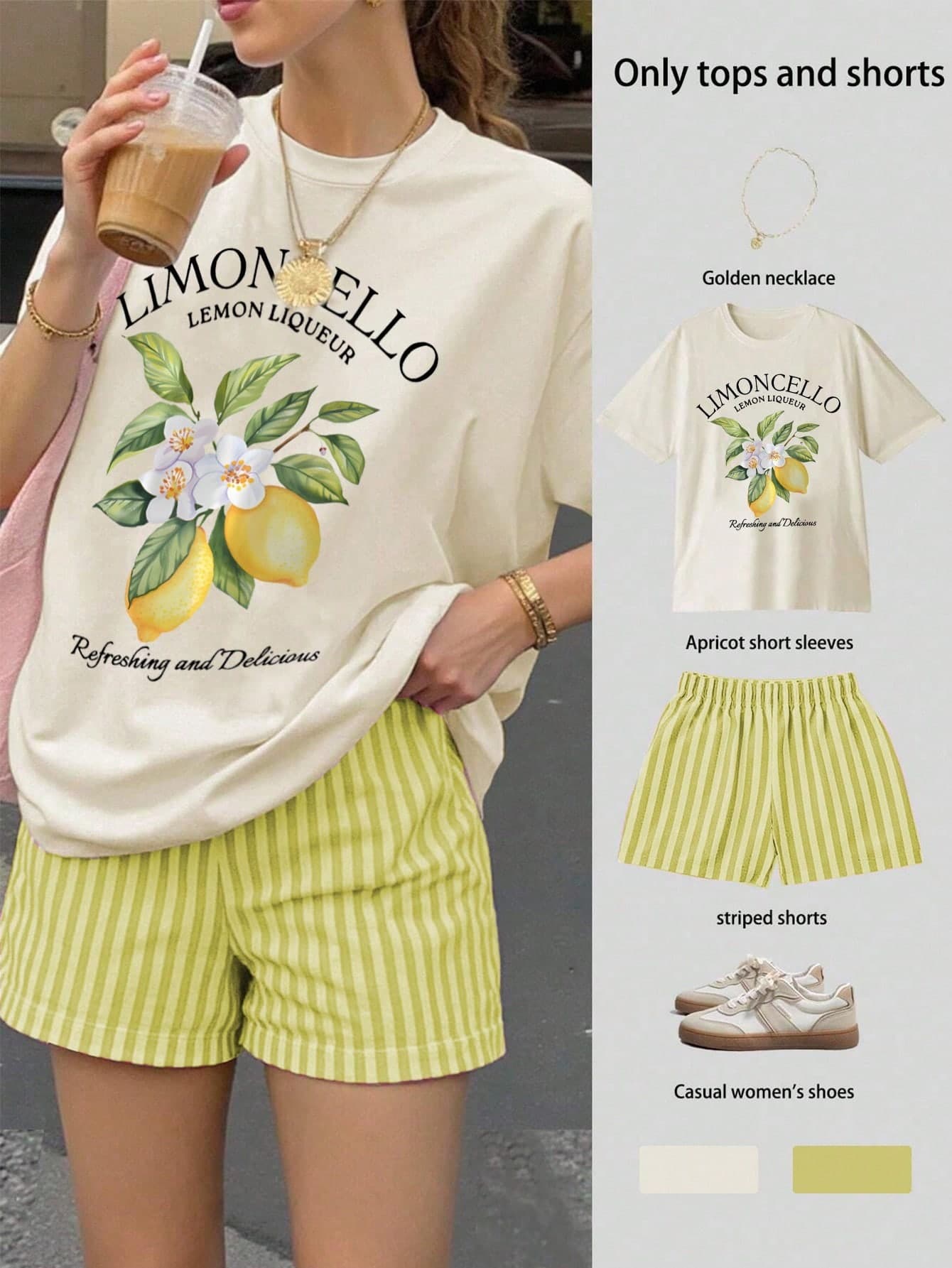 EMERY ROSE 2pcs/Set Women's Casual Lemon Print T-Shirt & Striped Shorts, Summer