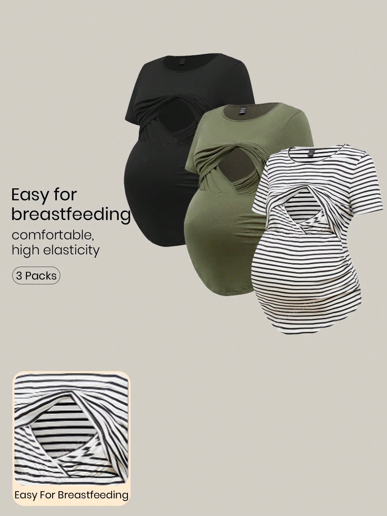Modmama Maternity Summer Casual Nursing Clothes Round Neck Short Sleeve Slim Fit T-Shirt