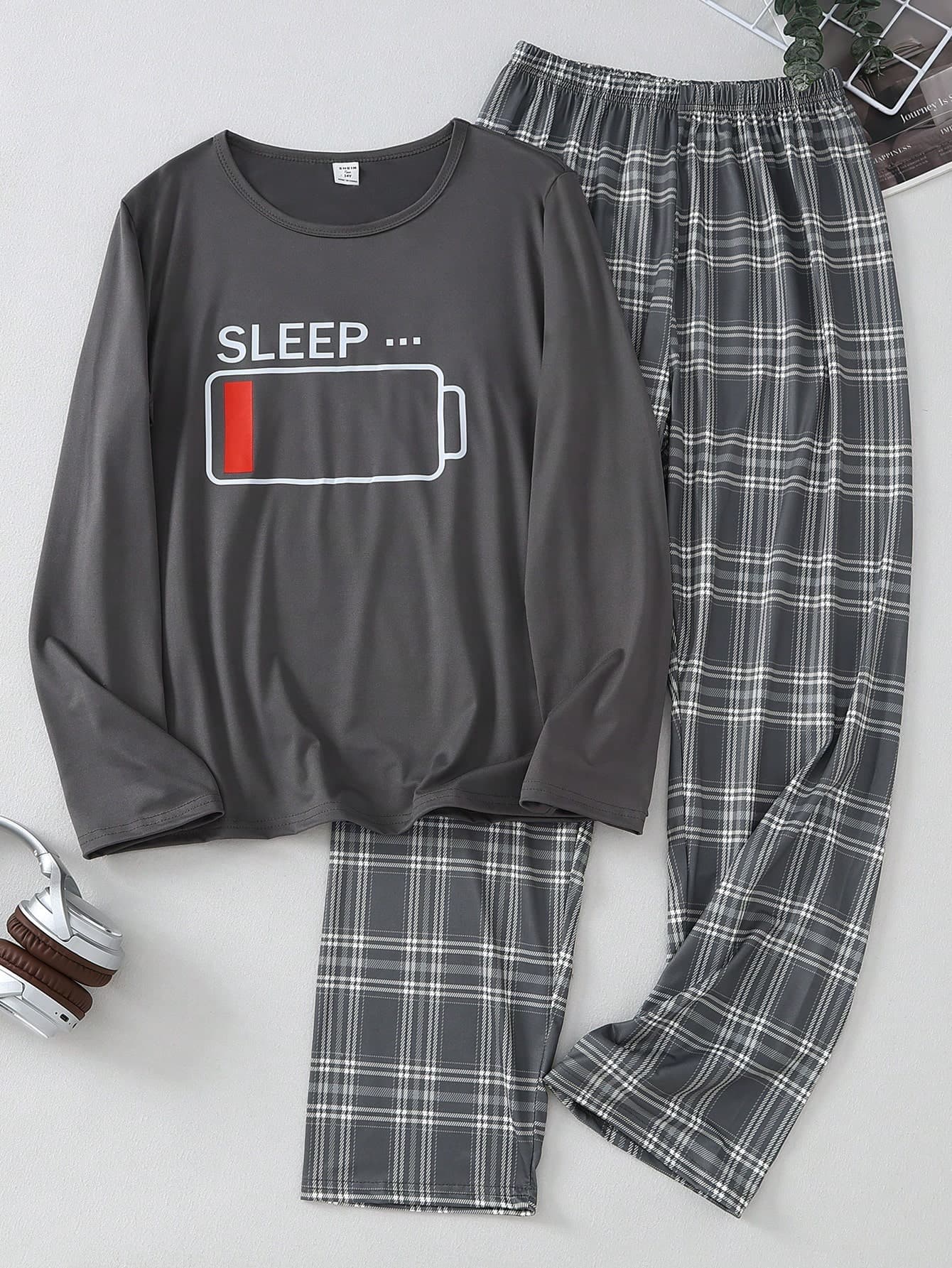 2pcs Teenage Boys Casual Sleepwear Set,Gray Round Neck Long Sleeve Tee With SLEEP Print,Loose Plaid Pants,Soft Knit Fabric Comfortable Winter Holiday