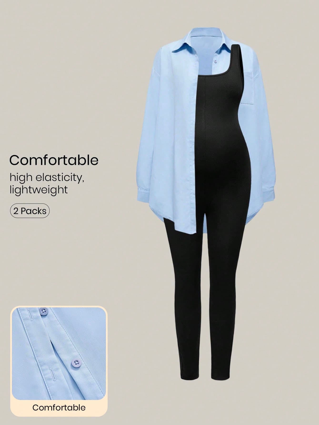 Modmama 2pcs Maternity Set: Solid Color Long Sleeve Button-Up Shirt And Jumpsuit Pants, Casual Autumn And Winter Baby Blue Outfit Women