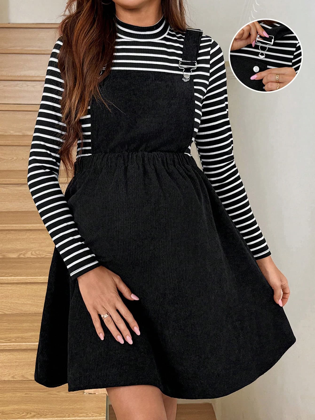 SHEIN Maternity 2pcs Set,Black And White Striped Long Sleeve T-Shirt And Bib Dress,Autumn Pinafore Dress For Women,Casual French Style School Back-To-School